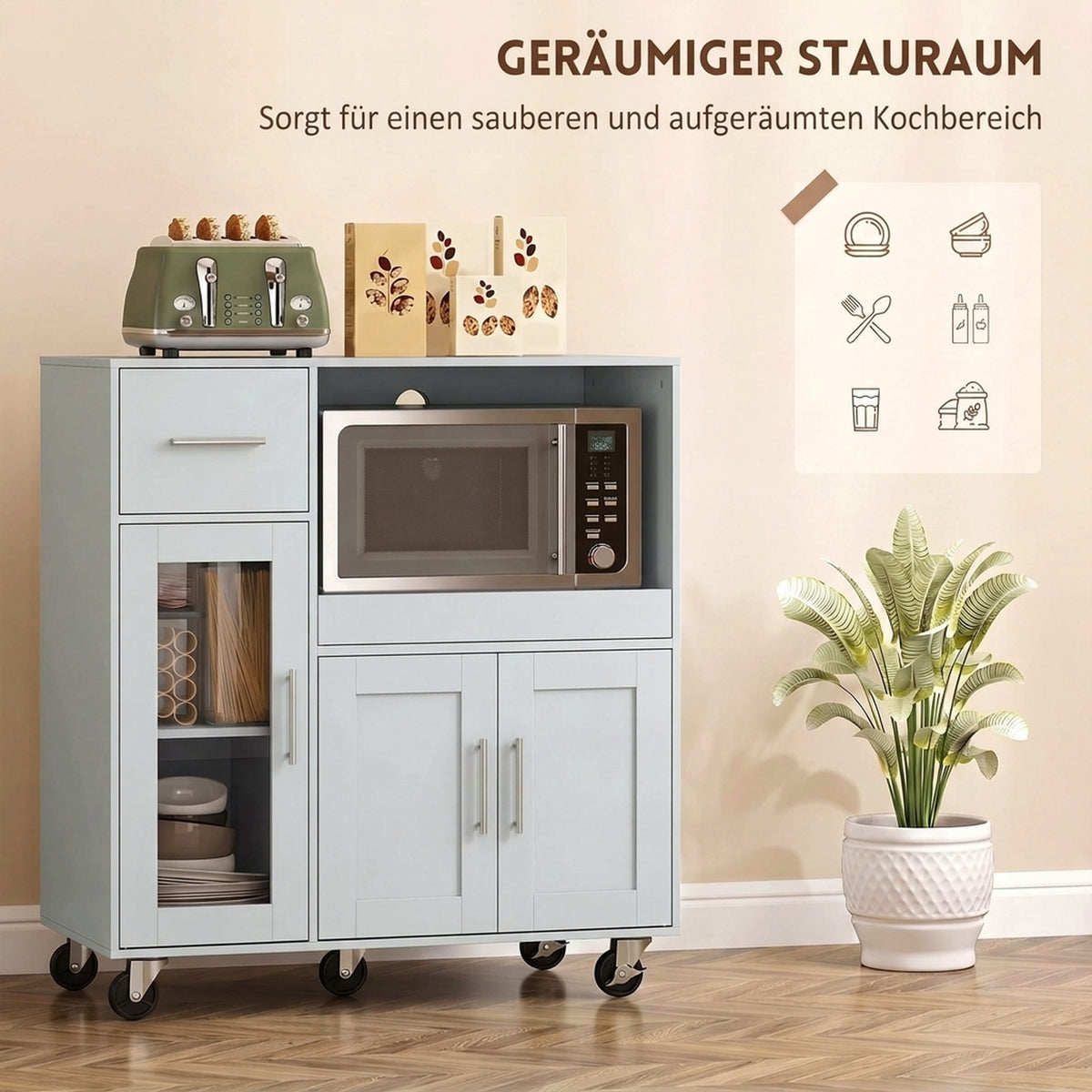 HOMCOM Küchenschrank auf Rädern, Mobile Küchenkommode mit Ablagen, Schubladen, verstellbarem Regal – Produktabbildung 4