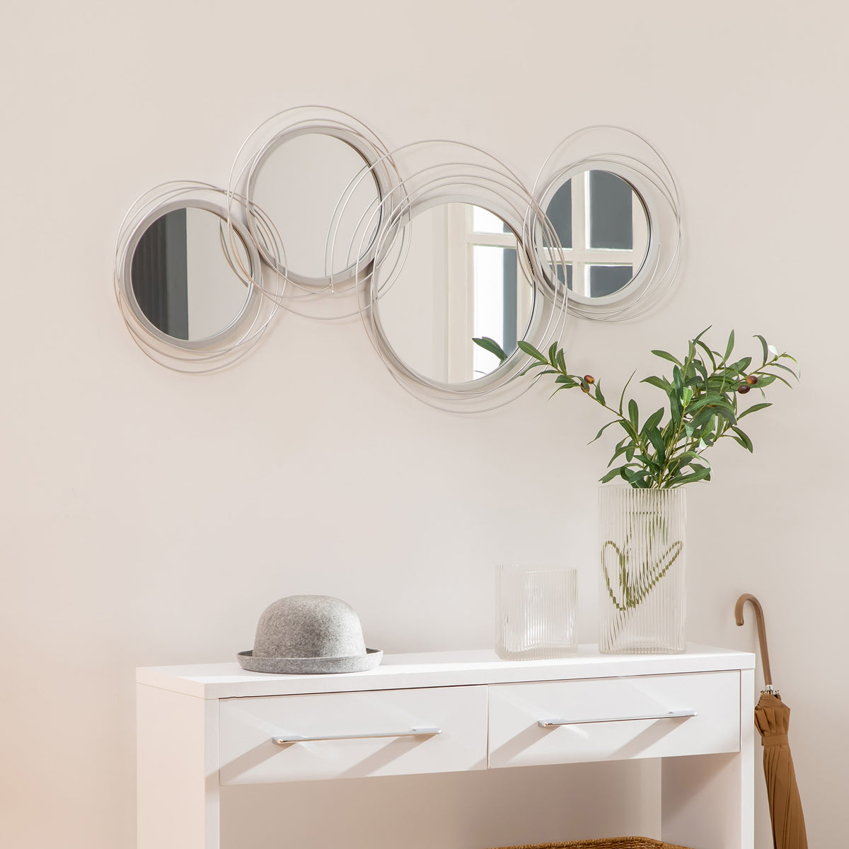 Mirror set for wall decoration, wall decor with 4 round mirrors, wall mirror, hallway mirror, 107 x 4 x 56 cm (2)