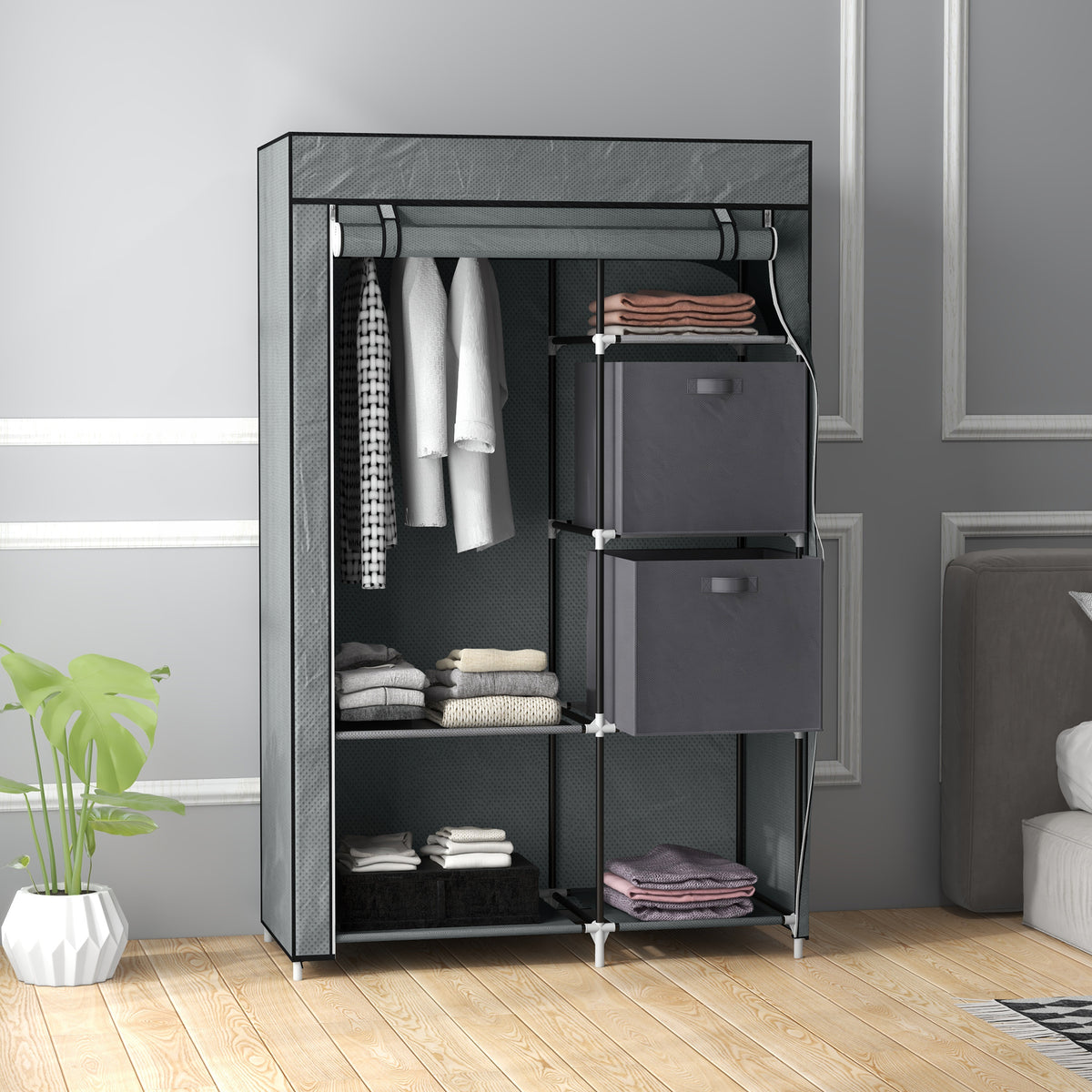 HOMCOM Stoffschrank Kleiderschrank faltbarer Schrank, 1 Kleiderstange, 6 Regalböden, 102 x 42.5 x 162.5 – Produktabbildung 2