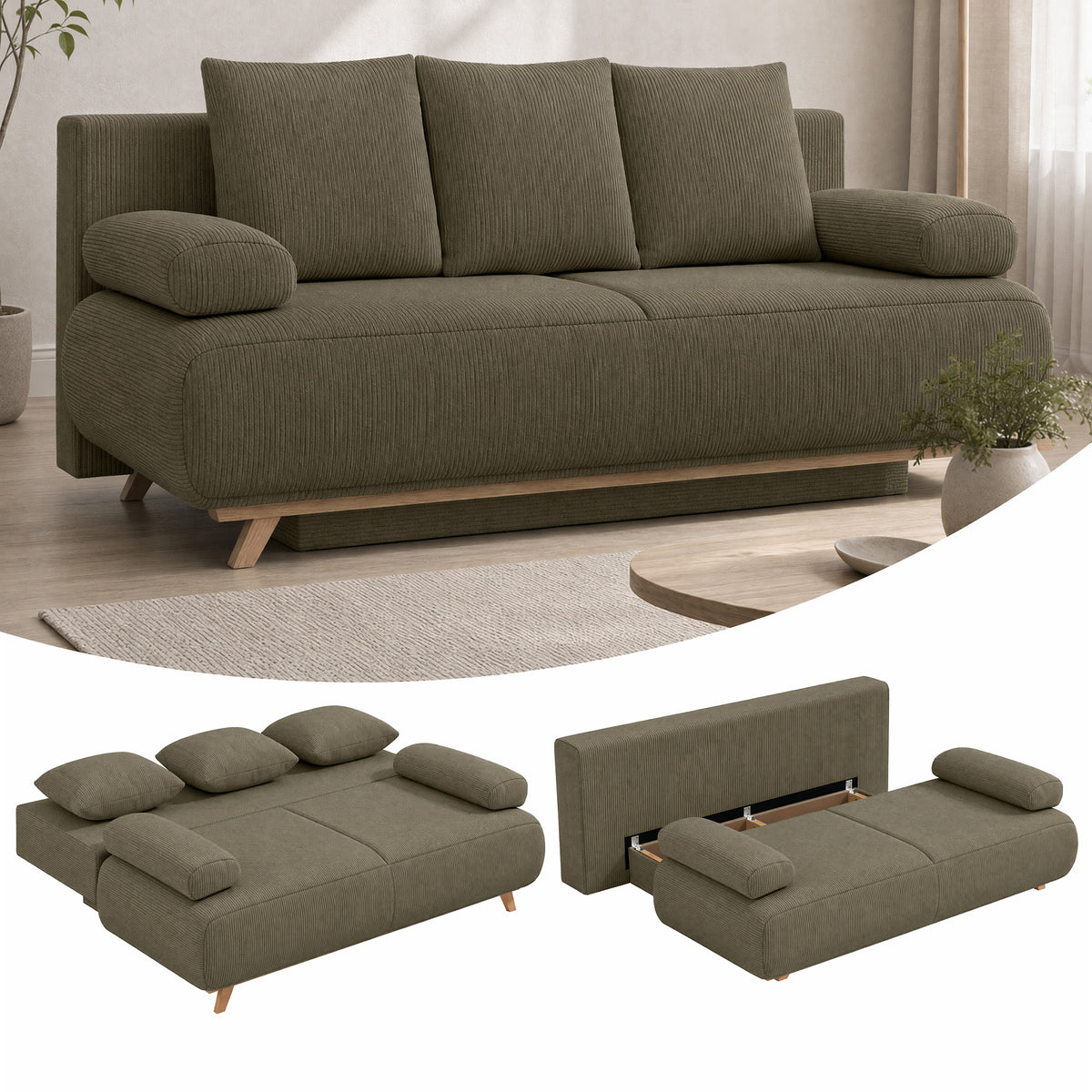 HOMCOM Schlafsofa mit verstellbarer Rückenlehne, Bettfunktion, verstecktem Stauraum und Cordbezug – Produktabbildung 2