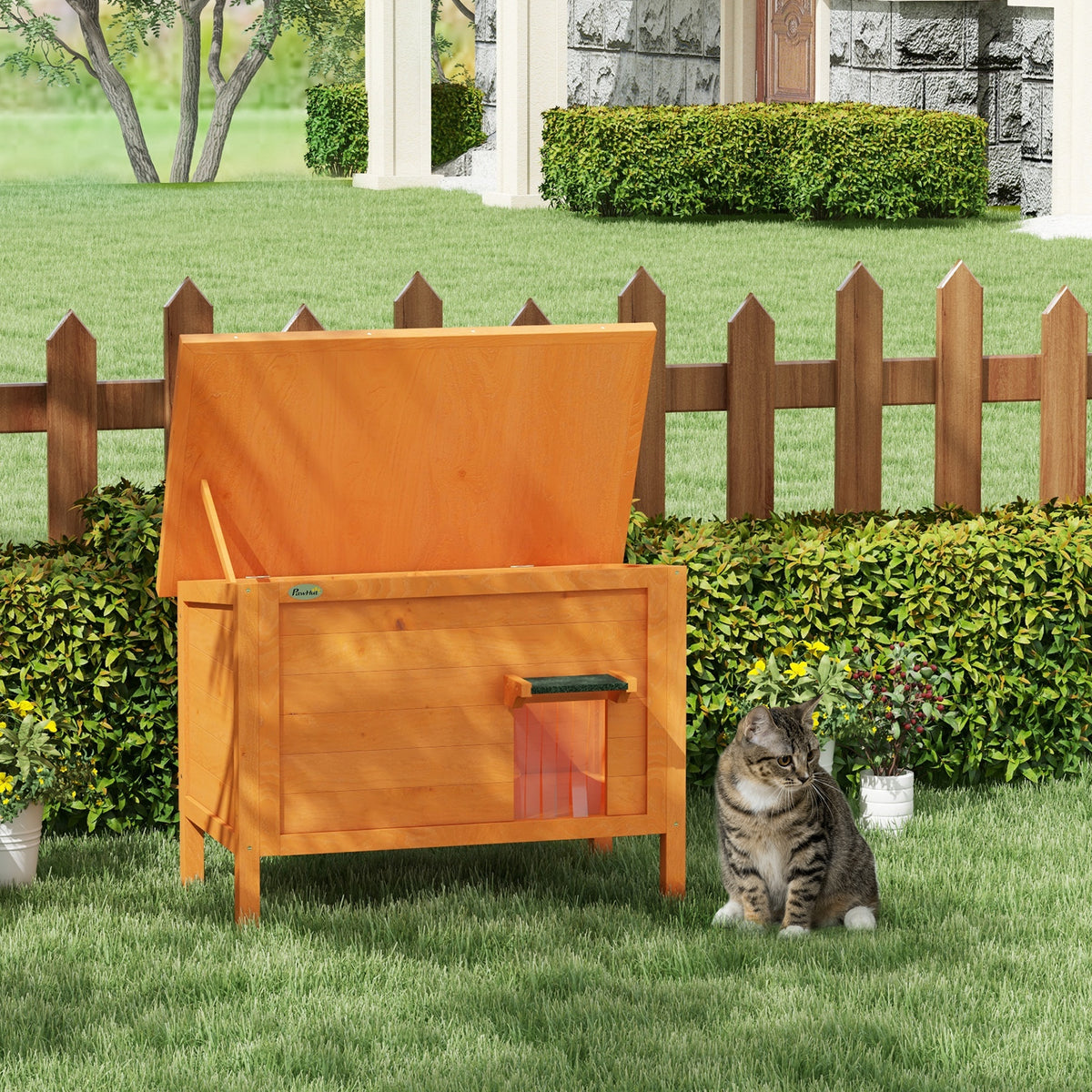 Cat house, outdoor cat house, cat shelter, weatherproof, 1 window, 1 entrance, 85 x 50 x 68.5 cm, Orange+Green (2)