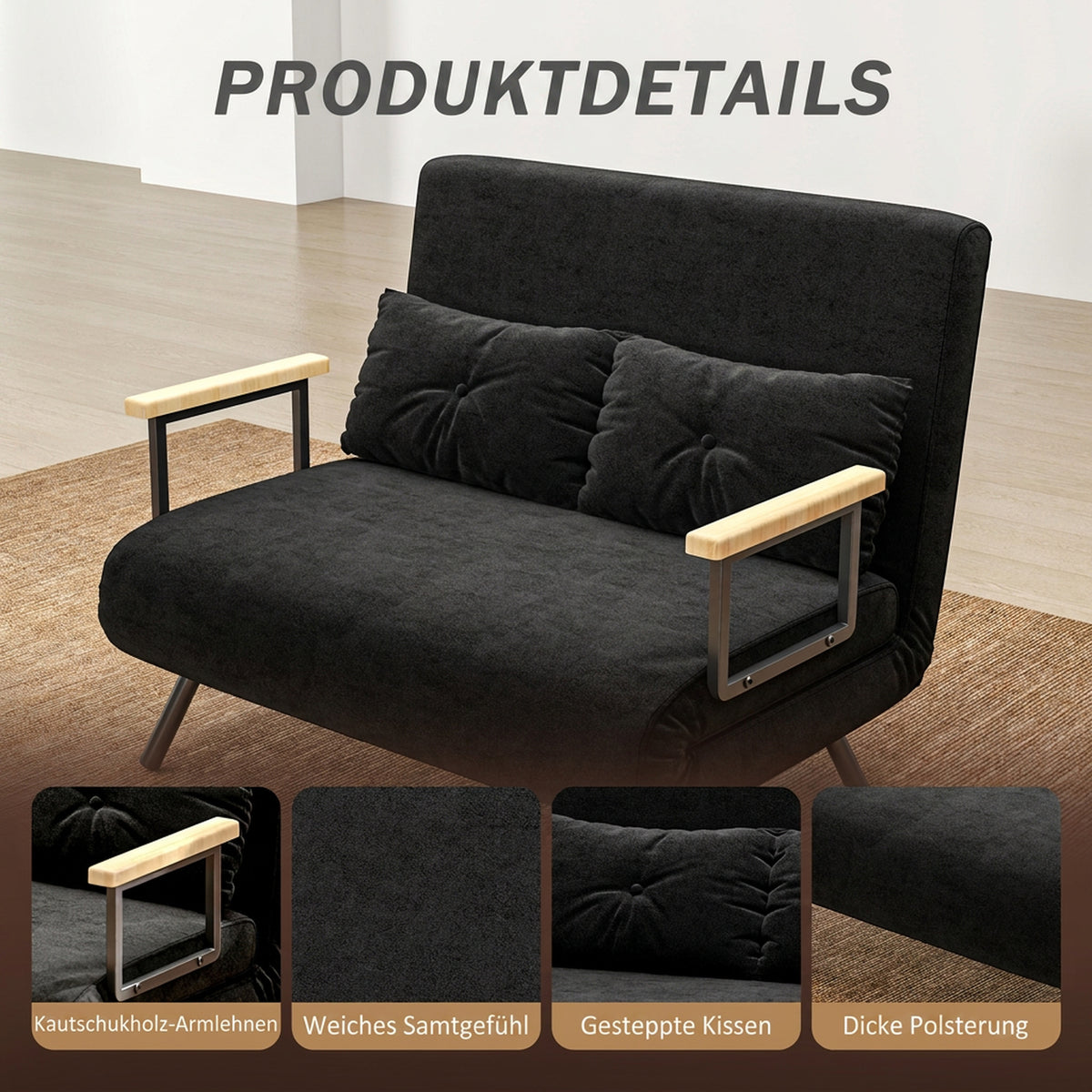 Sofa bed, 2-seater sofa, velvet sofa, sleep function, incl. 2 cushions, velvet look, black (6)