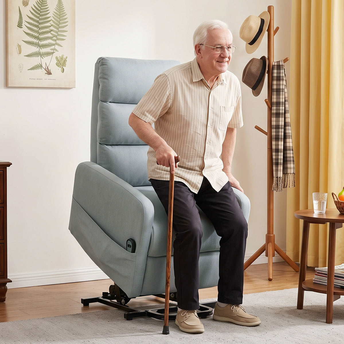 Electric recliner chair with lift assist, remote control, soft foam, side pocket, linen-look upholstery, grey (2)