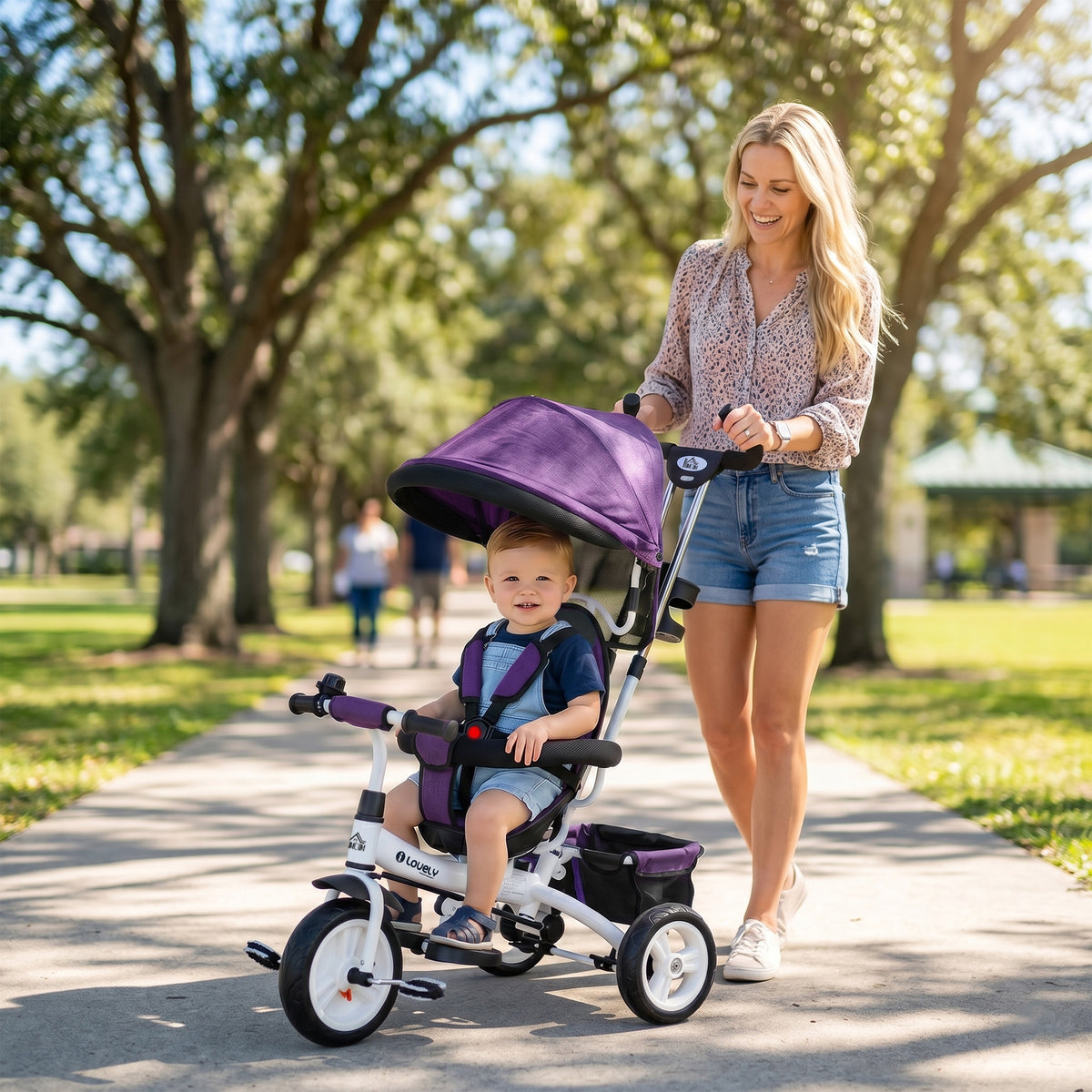 6-in-1 children's tricycle with push bar, canopy, harness, storage basket, for ages 1-5, blue (2)