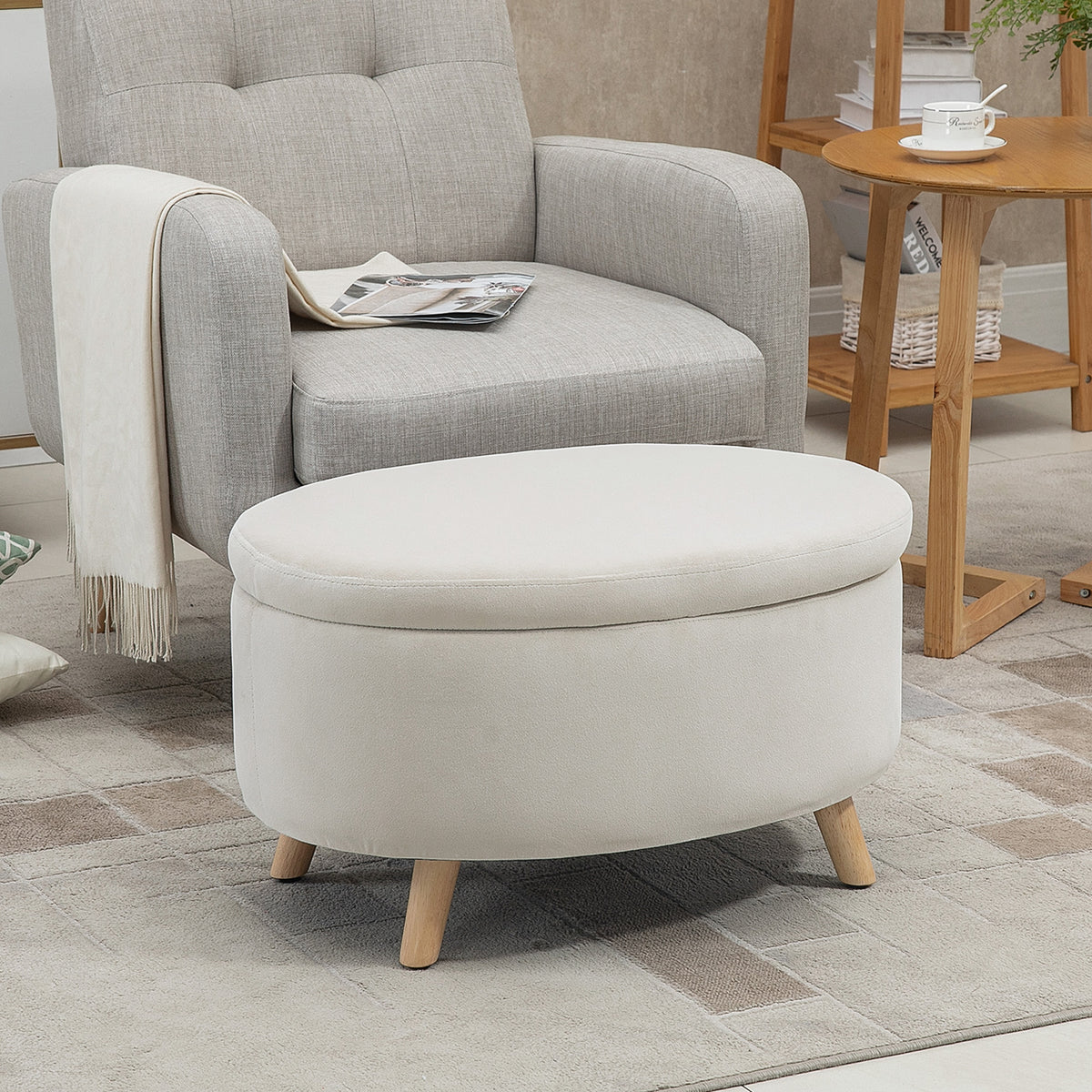 HOMCOM Sitzbank mit Stauraum, Hocker, ovale Form, Samtoptik, bis 120 kg, 71 x 51,5 x 42 cm, Beige – Produktabbildung 2