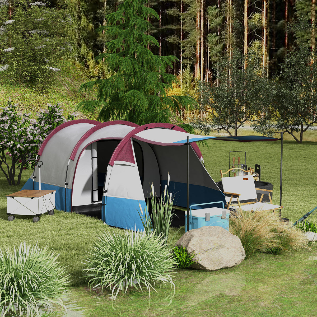 Camping tent, for 2 people, lantern hook, three entrances, waterproof, red (2)