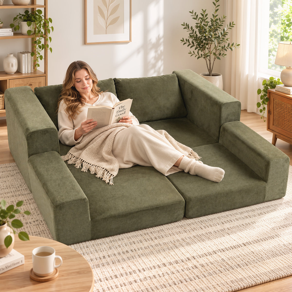 HOMCOM Schlafsofa 4-in-1 Schlaffunktion ausziehbar Klappsofa Kissen 2 Sitzer Grün – Produktabbildung 2