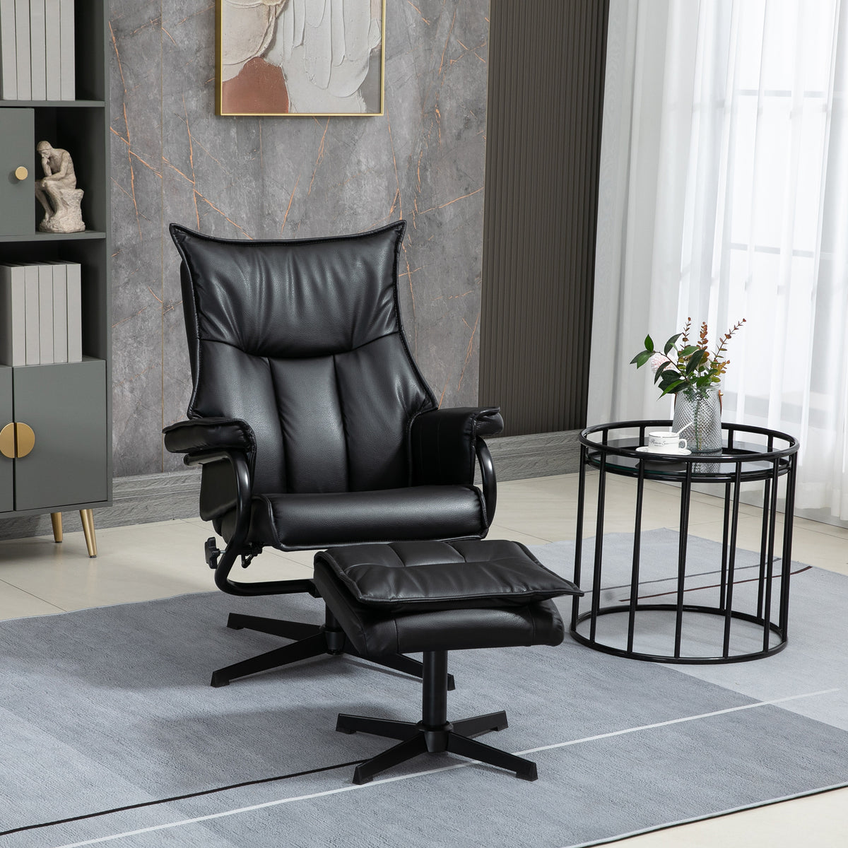 Recliner with stool, swivel, tiltable backrest, steel frame, black (2)