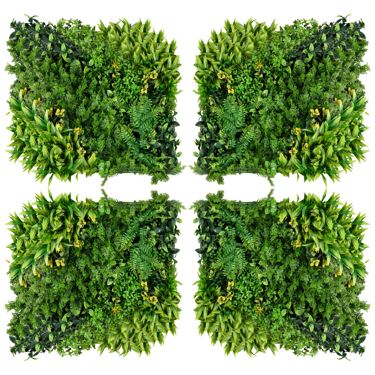 Set aus 12 künstlichen Pflanzenwand-Elementen mit vielblättrigem Design für Garten und Outdoor.