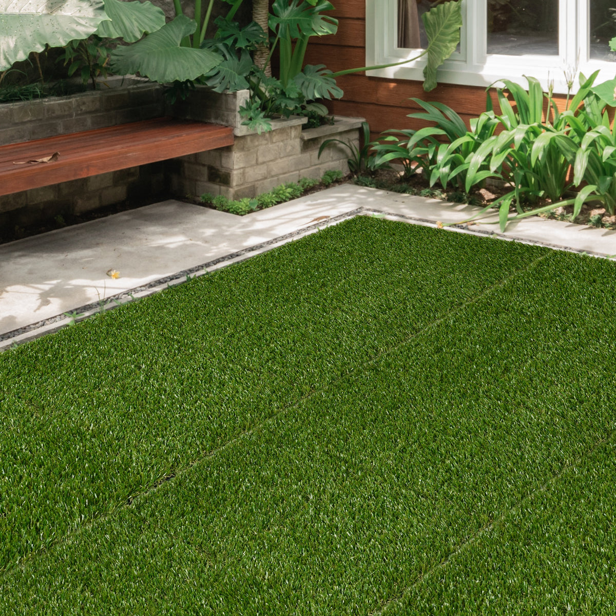 Artificial turf, lifelike, drainage function, 11k fibers/m², 25mm height, set of 10 at 30x30cm each, green (2)