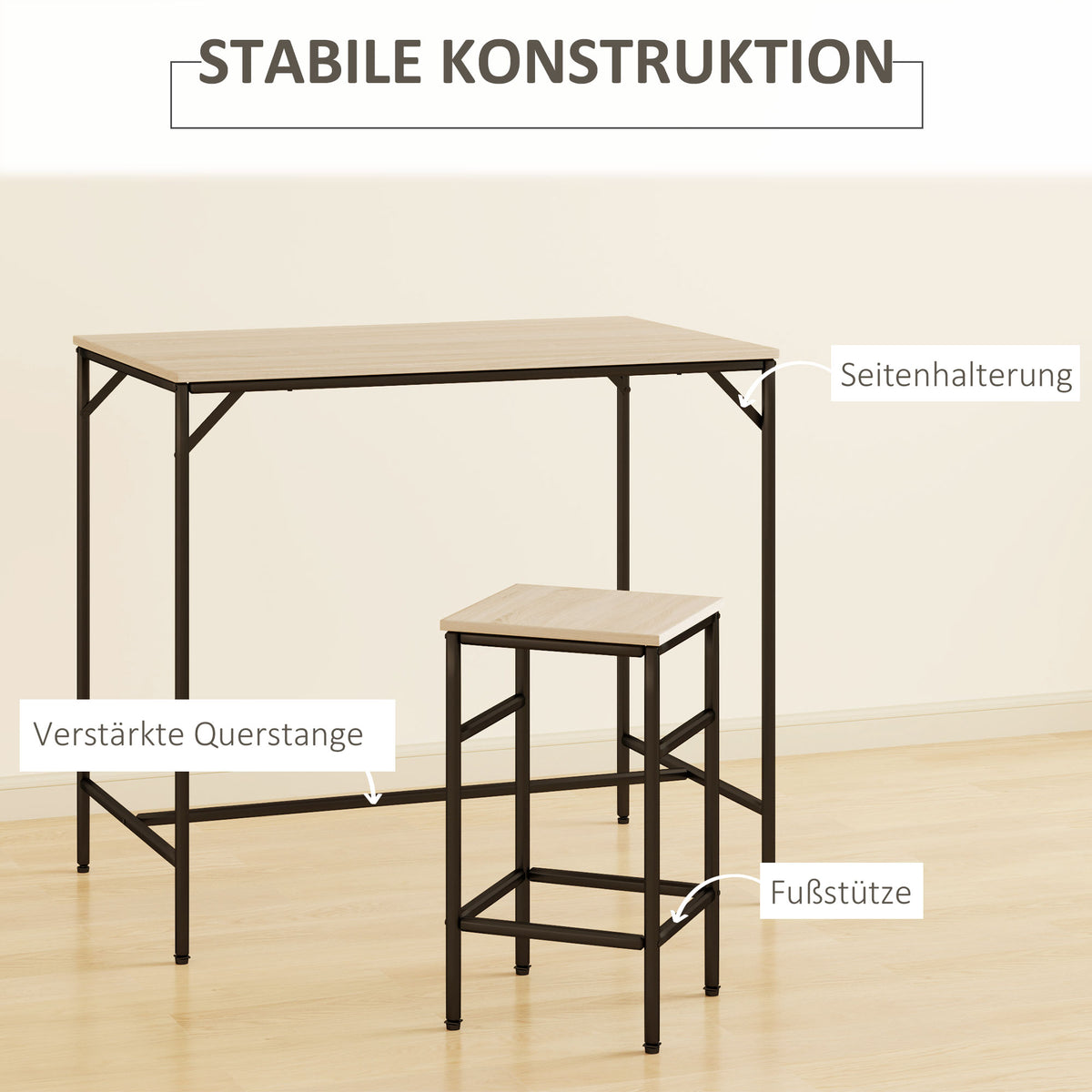 Bar table set, high table with 4 bar stools, 5-piece table set, steel/oak (5)