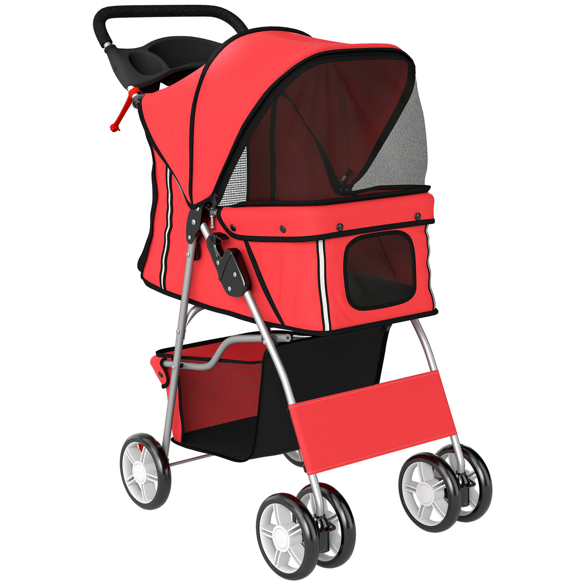 Foldable Pet Stroller Dog Buggy with Reflective Strips, Storage Basket, and Cushion for Small Dogs up to 10 kg