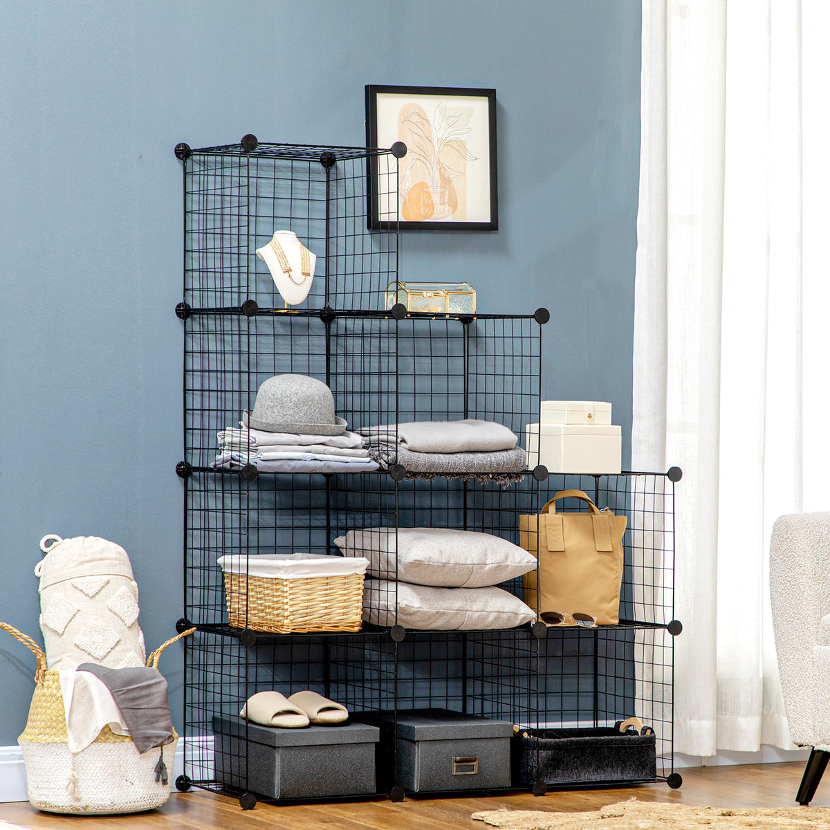 Modular shelving unit, cube storage, shoe rack, 9 cubes, modular design, steel, black, 35 x 35 x 35 cm per cube (2)