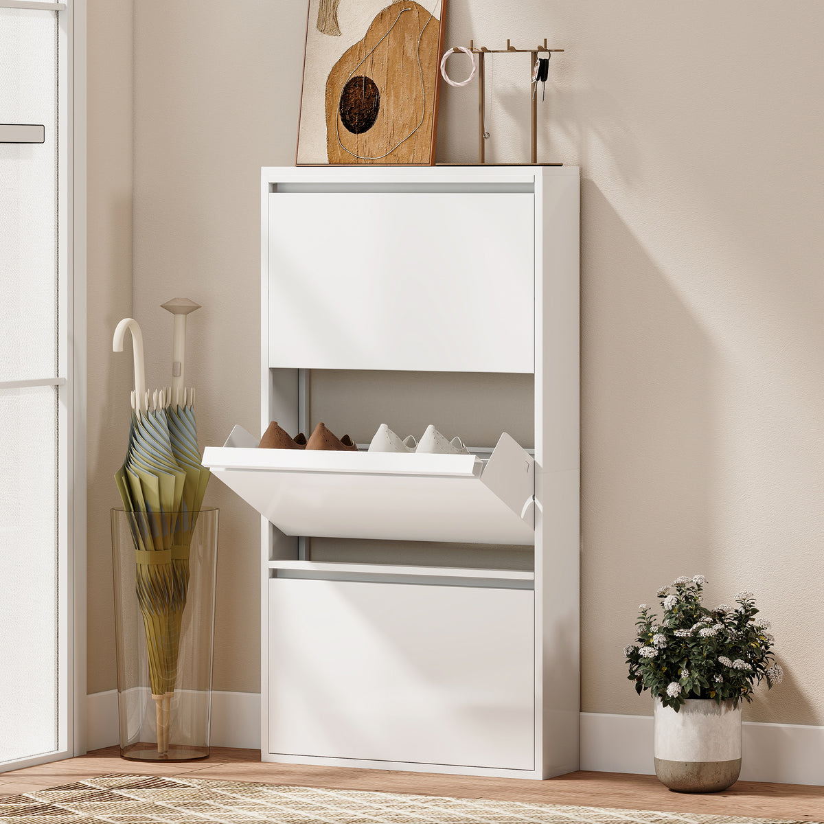 HOMCOM Metall-Schuhschrank mit 3 Klappfächern, schlanker Schuhschrank, wandmontiert, für 6 Paar Schuhe – Produktabbildung 2
