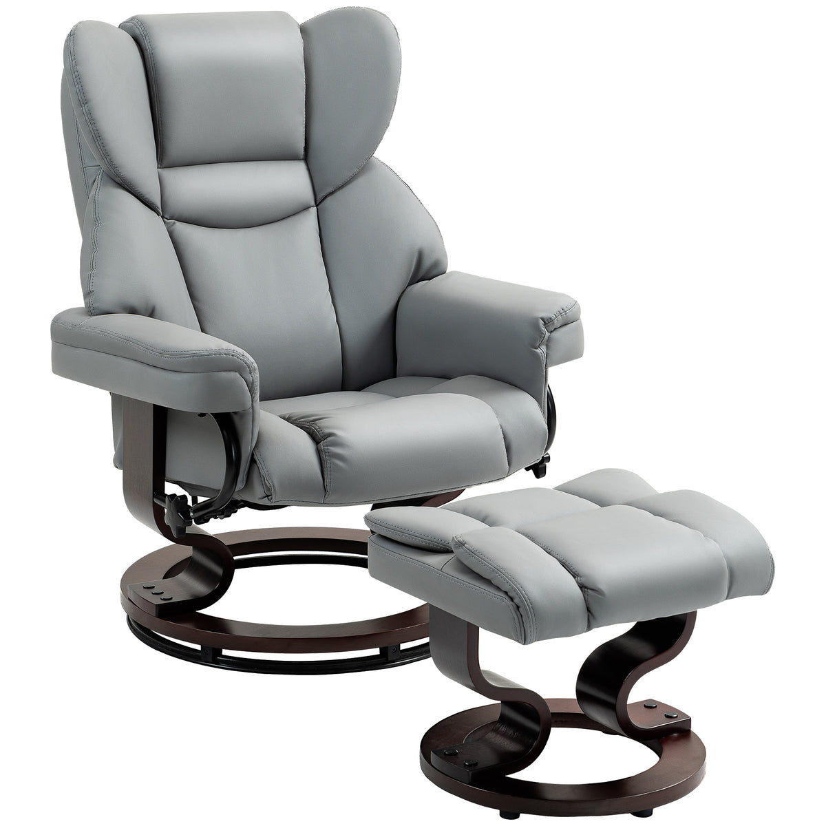Swivel recliner with footstool, high backrest, high-density foam, wooden base, light grey