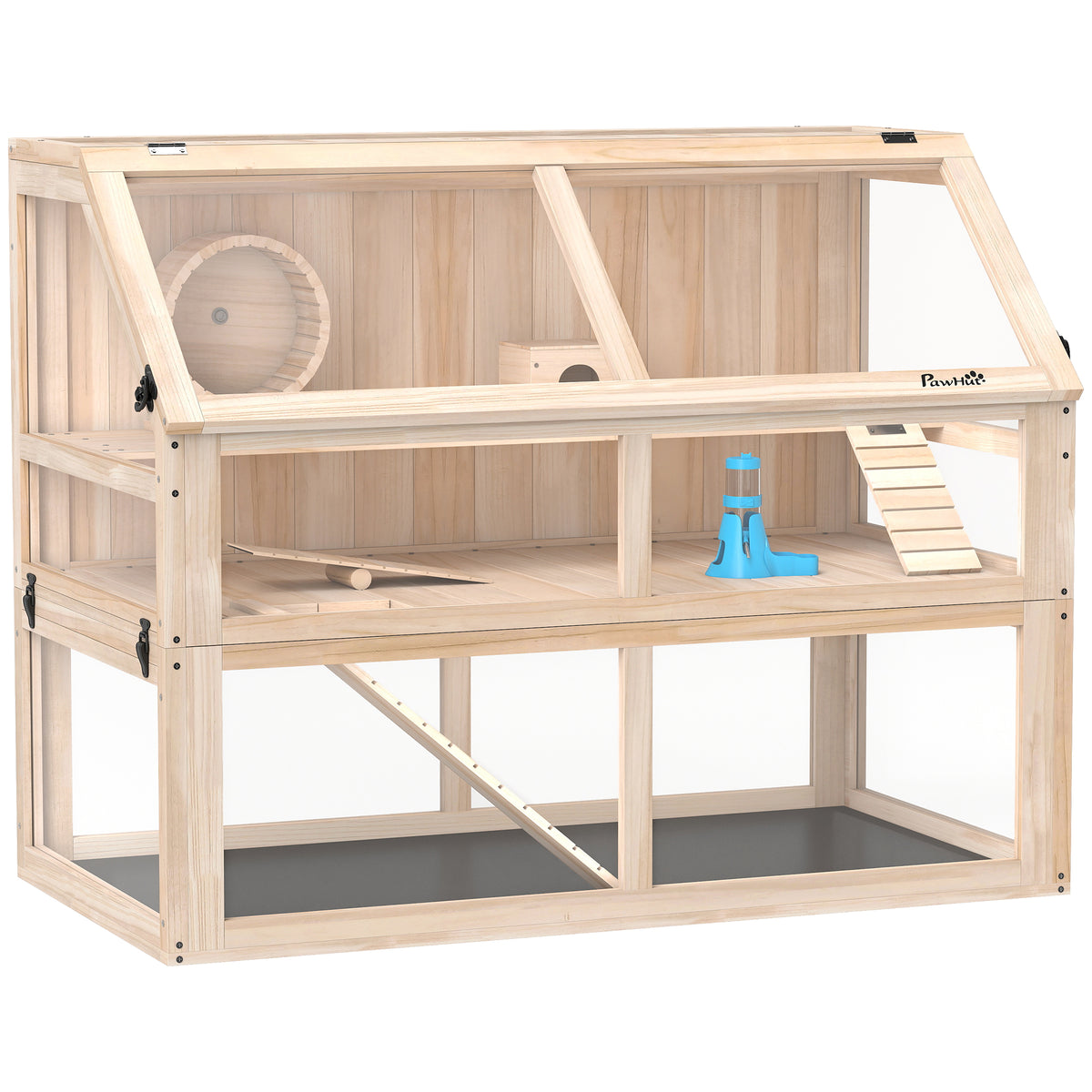 Wooden hamster cage 3 levels rodent cage small animal cage with seesaw exercise wheel hut 95 x 53 x 76 cm