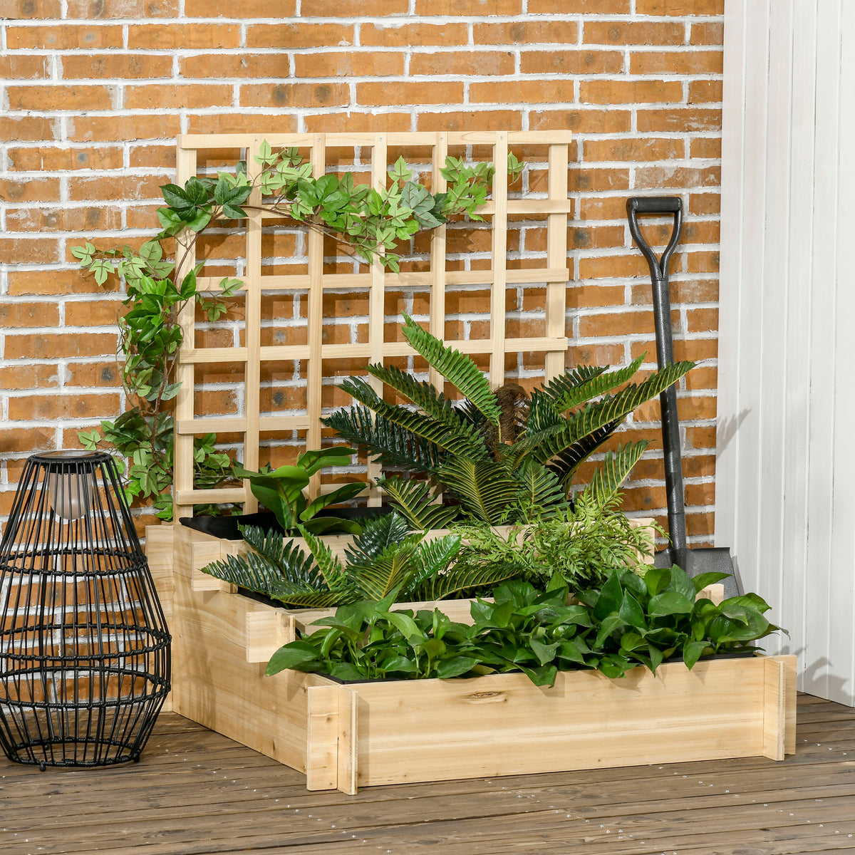 Outsunny Hochbeet mit Rankgitter, 3 Ebenen, Naturholzrahmen, Vlies-Innenauskleidung, 95 x 95 x 110 cm – Produktabbildung 2
