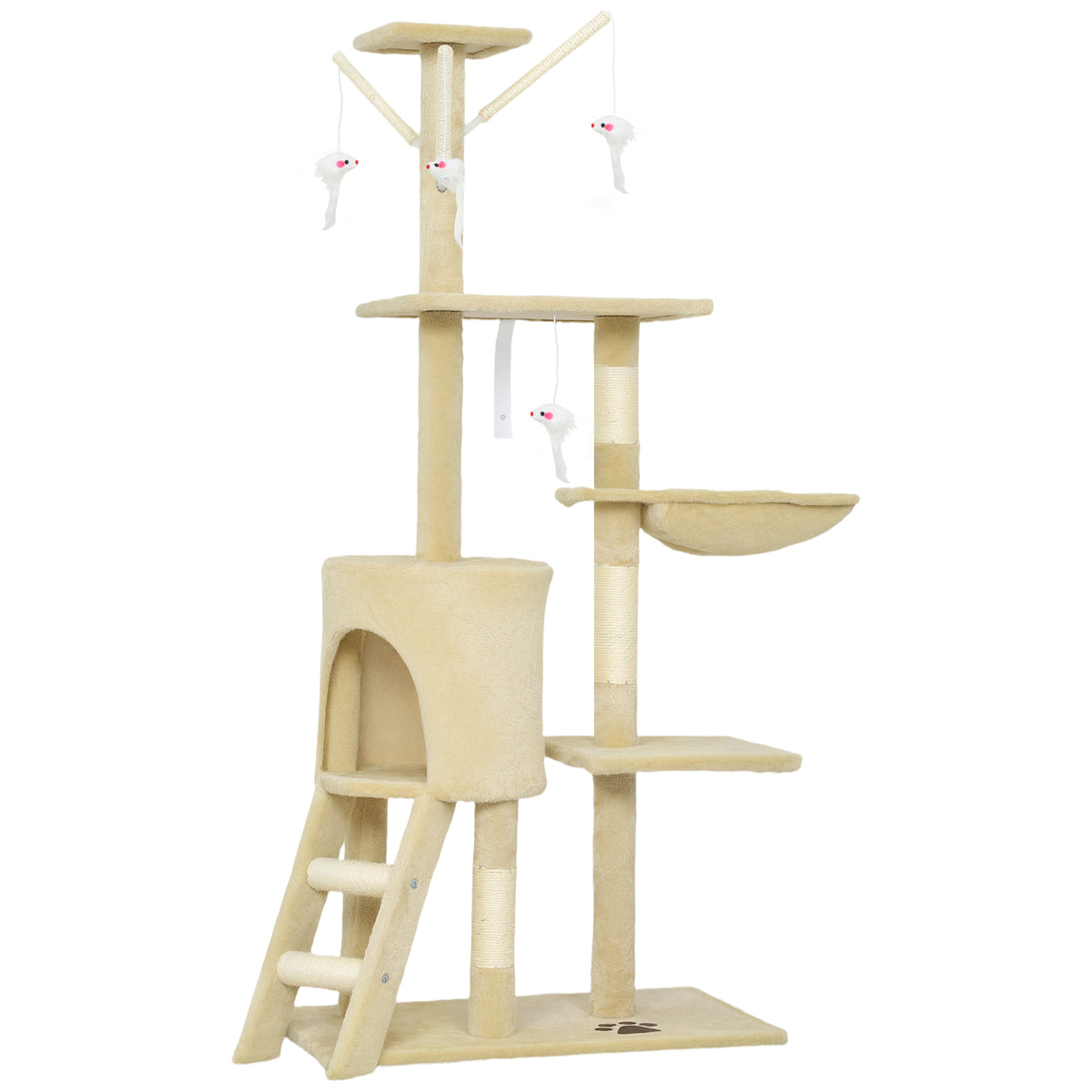Cat tree with cave, 4 toys, sisal posts, large platform, stairs, for cats under 5 kg, beige