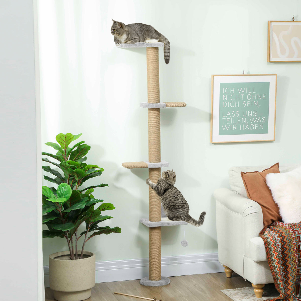 PawHut Katzenkratzbaum, 5-stufiges Design, Spielzeug, Sisalpfosten, Plüschstoff, Hellgrau – Produktabbildung 2