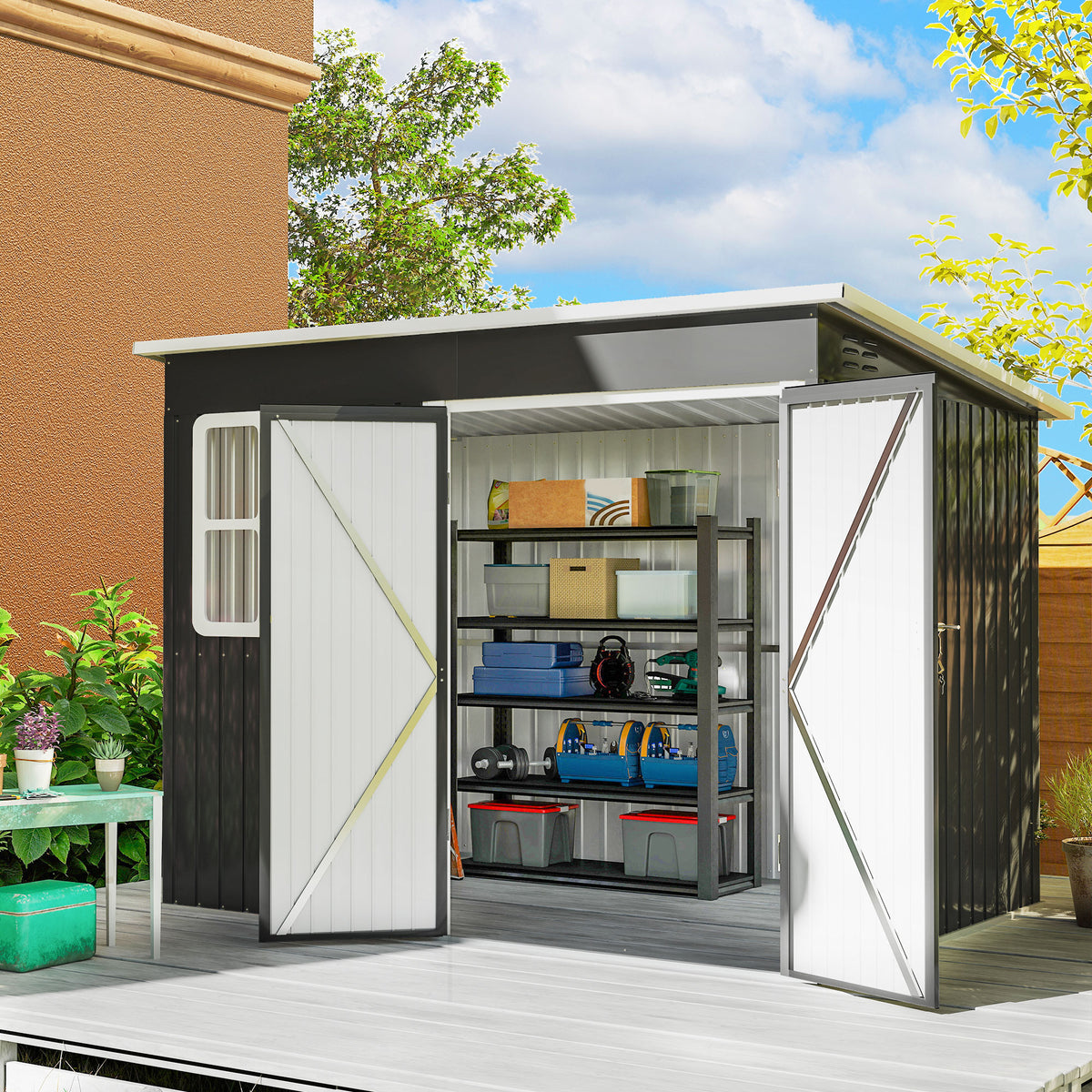 Metal shed for storing garden tools, with window, wide door, 260 x 177 x 190 cm, dark grey (2)
