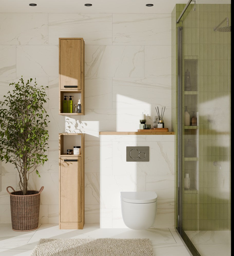 Badezimmerschrank MEXY 1D Hochschrank Regal 1 Tür 4 Ablagen stehend EICHE ARTISAN – Produktabbildung 2