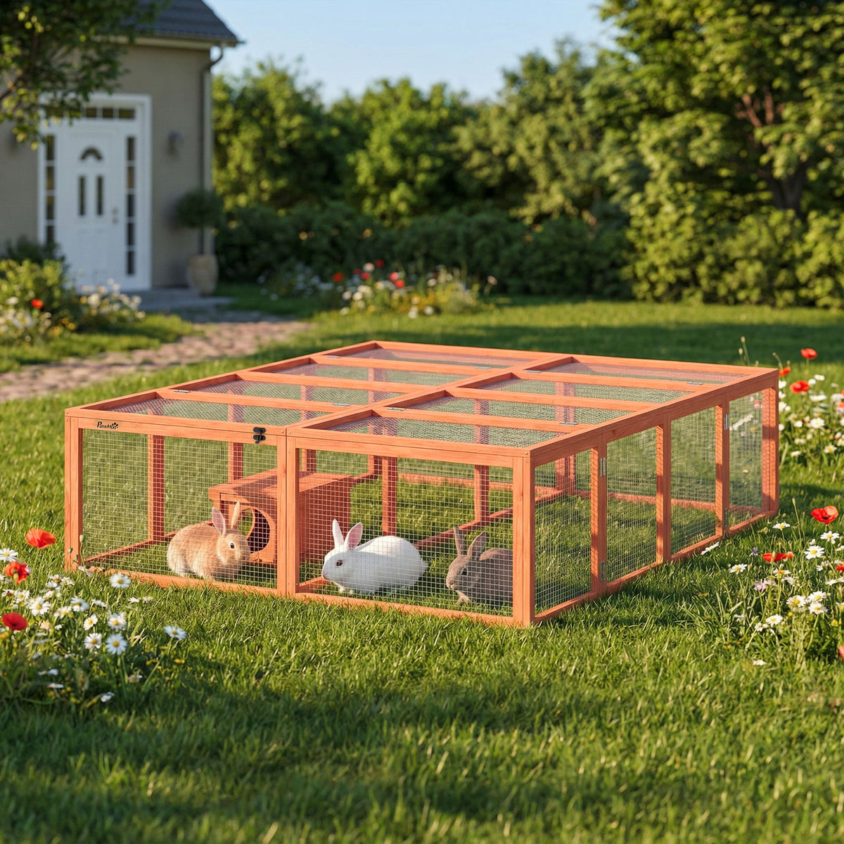 Wooden rabbit hutch with run, 2 doors, shelter house for 2-4 dwarf rabbits, 180.4 x 150 x 48 cm, orange (2)