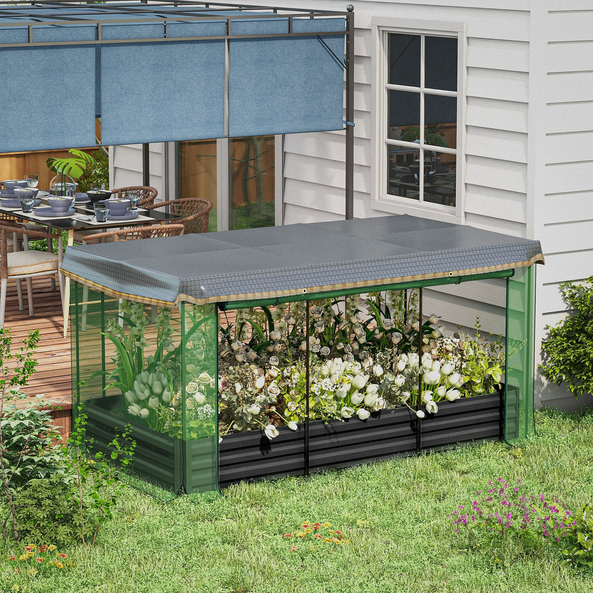 Outsunny Hochbeet mit Vogelschutznetz und Sonnenschutz, Metall-Gehäuse, 230x110x110 cm – Produktabbildung 2