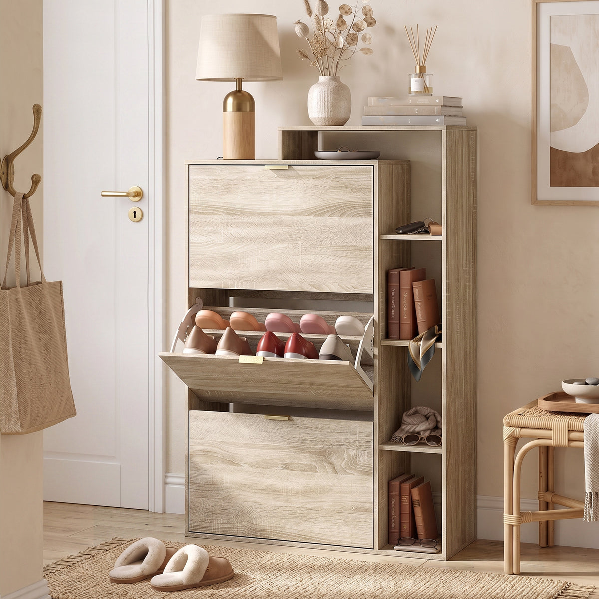 HOMCOM Schuhschrank mit verstellbaren Trennwänden, offenen Fächern und 3 Klappfächern, Natur – Produktabbildung 2