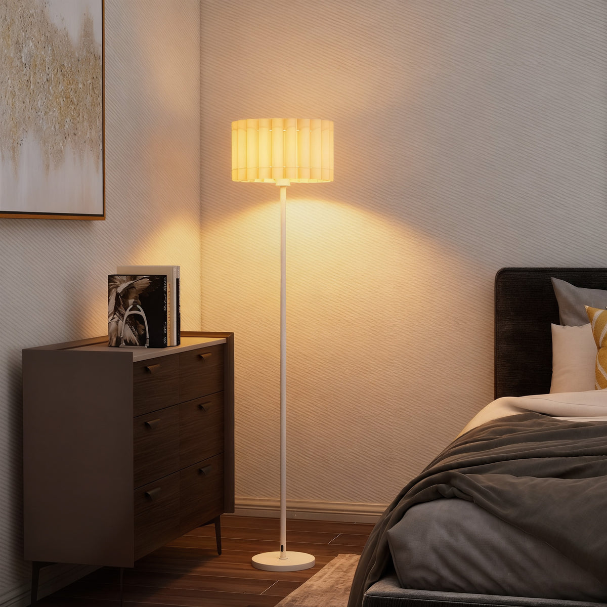 HOMCOM Stehlampe im Retro-Stil, Kunststoff-Lampenschirm, Fußschalter, Metallstab, Weiß – Produktabbildung 2