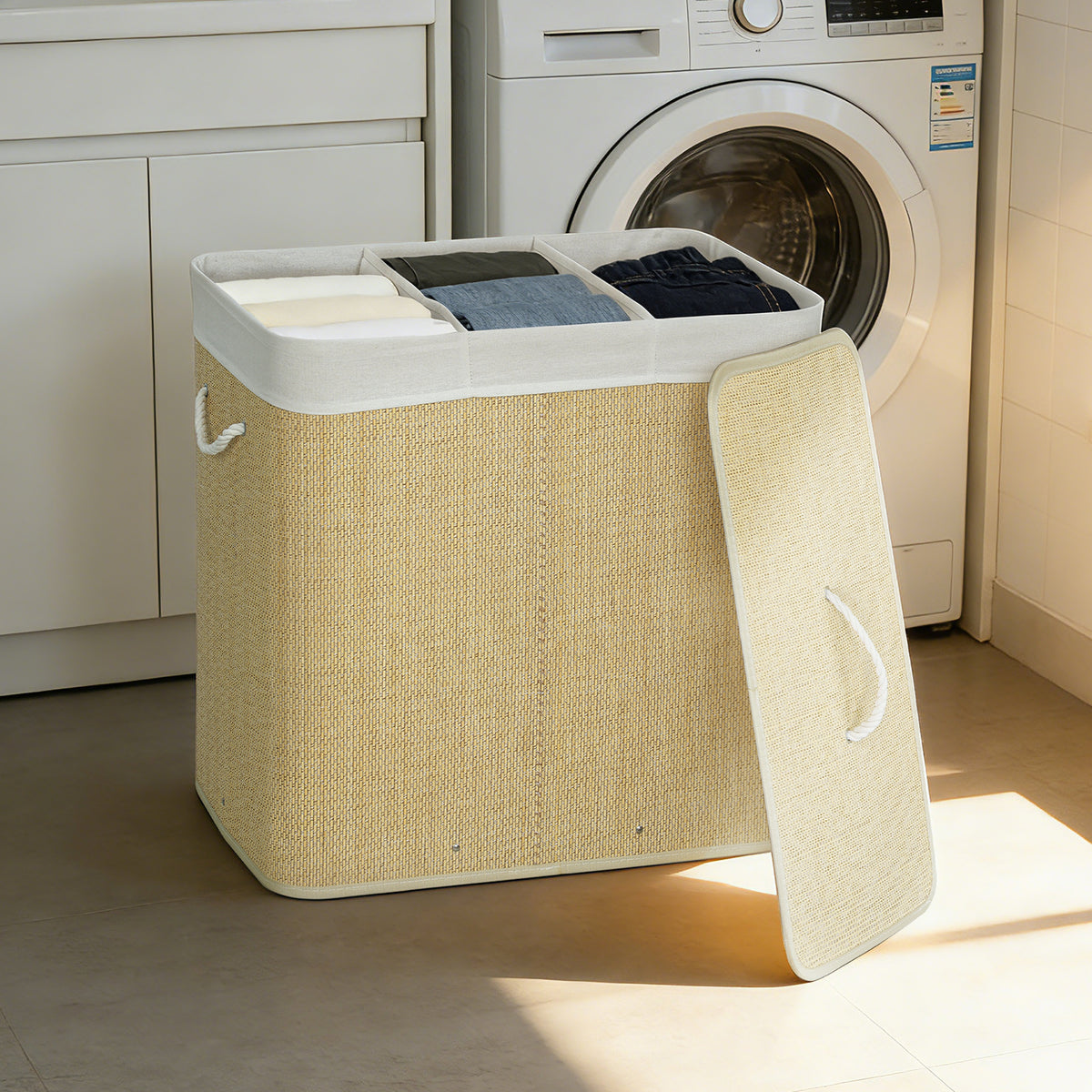 HOMCOM Bambus Wäschekorb mit Deckel 3 Fächer 144L Wäschesammler mit Seilgriffen, herausnehmbarer – Produktabbildung 2
