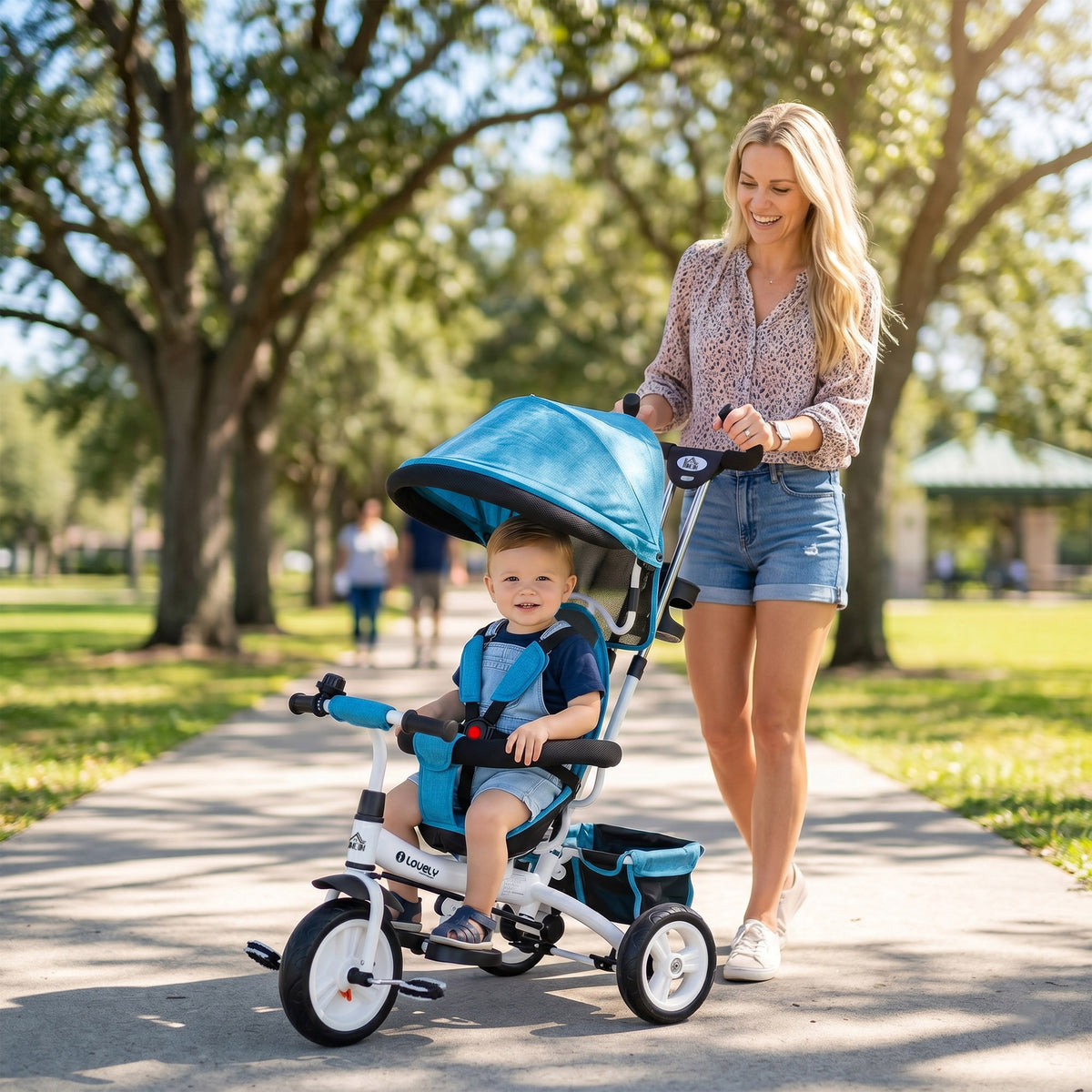 6-in-1 children's tricycle with push bar, canopy, harness, storage basket, for ages 1-5, blue (2)