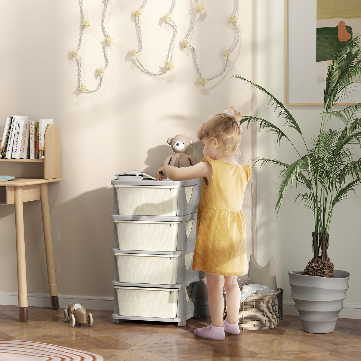 Storage boxes for children, 4 large drawers, rounded edges, plastic, 37x37x76 cm, cream white (2)
