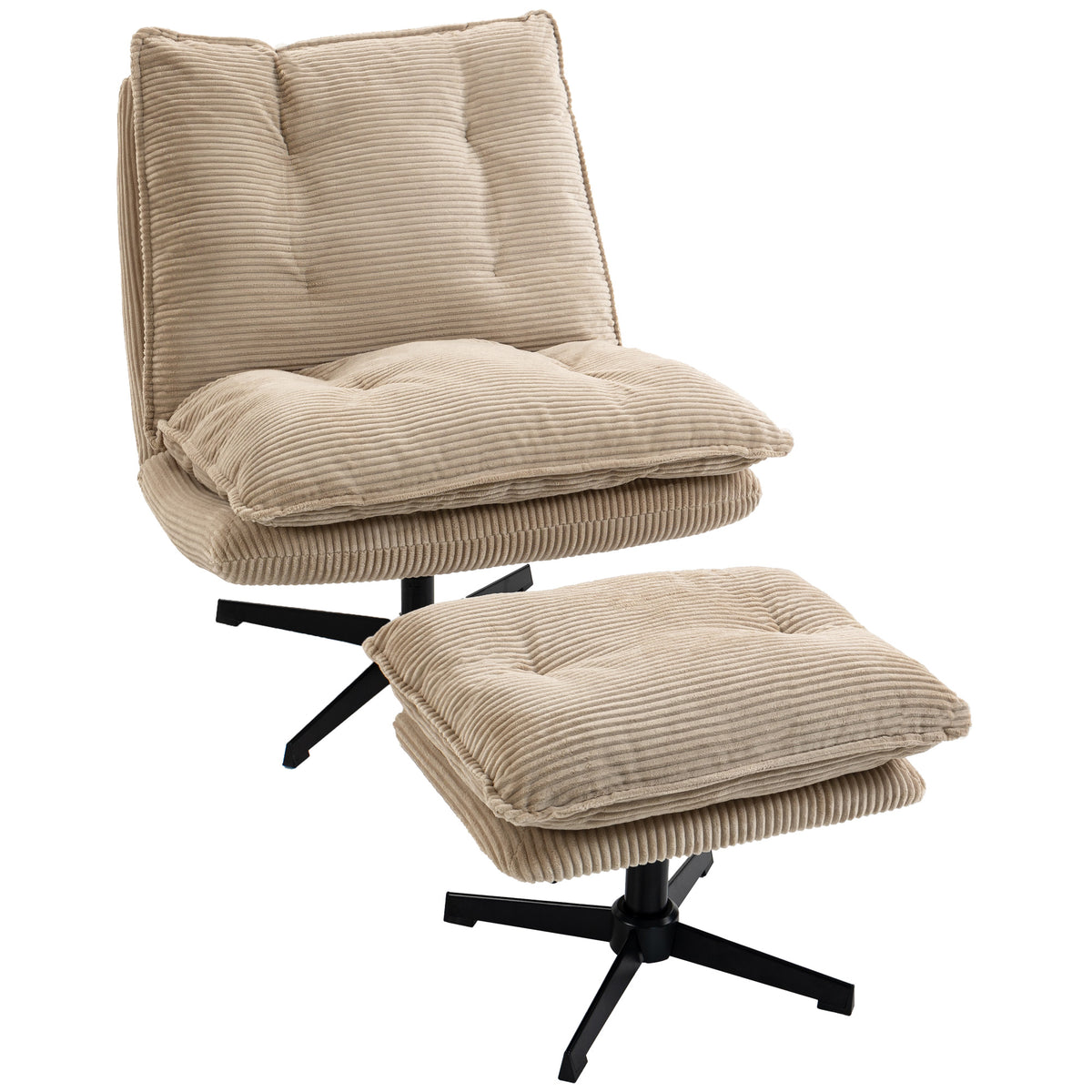 Lounge chair with ottoman, 360° swivel, corduroy cover, height-adjustable footrest, beige
