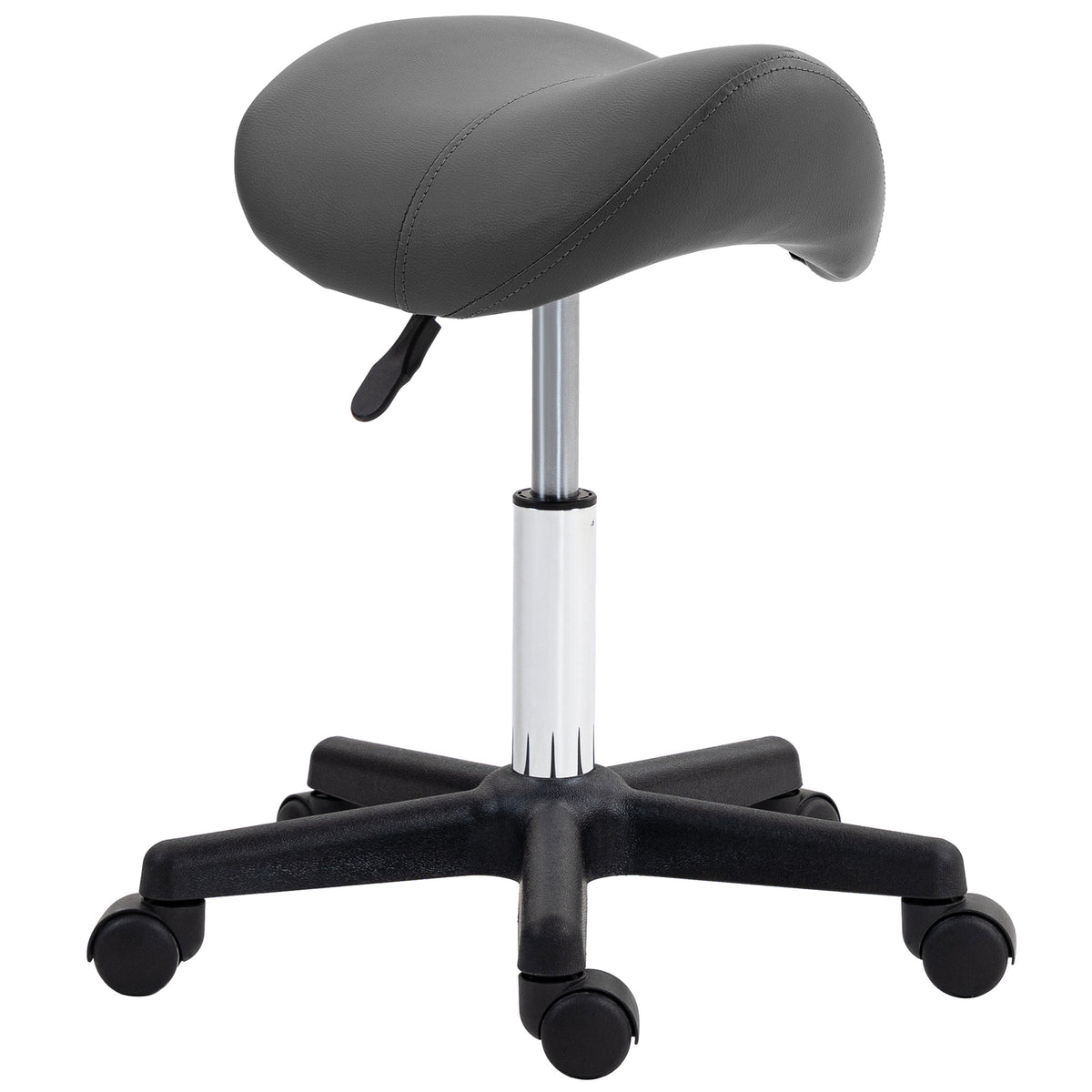 Rolling stool, saddle-shaped seat, height-adjustable, 360° swivel, faux leather, gray, 48 x 47 x 45-59 cm