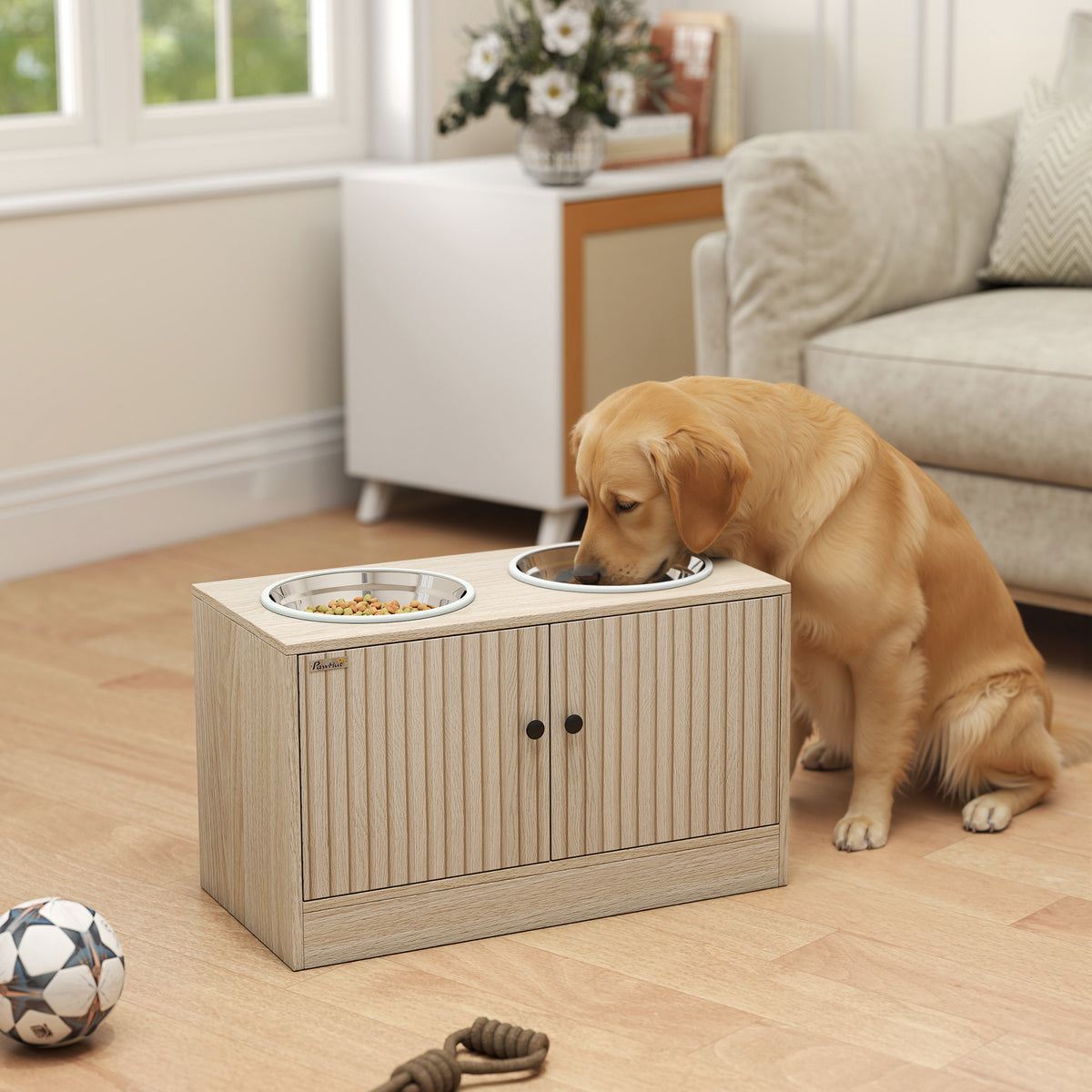 Dog feeding station with 2 stainless steel bowls, storage cabinet for accessories, for large dogs, wooden (2)