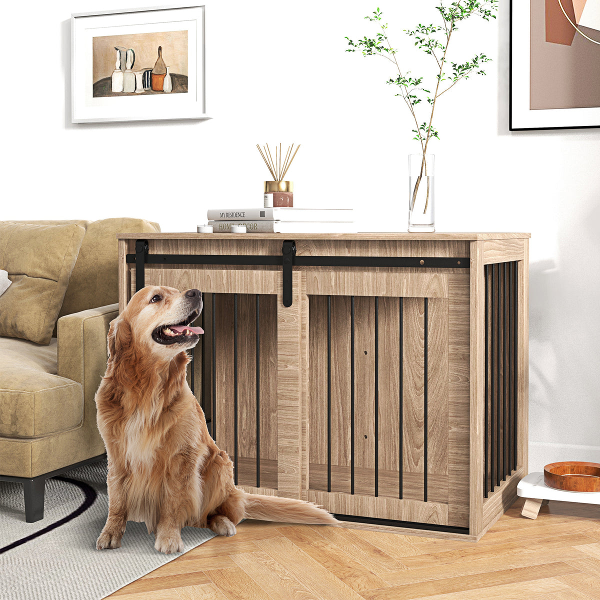 PawHut Hundebox Hundekäfig, Verriegelbar, Holzoptik, rustikales Design, 98 cm x 58 cm x 61 cm, Walnuss + – Produktabbildung 2