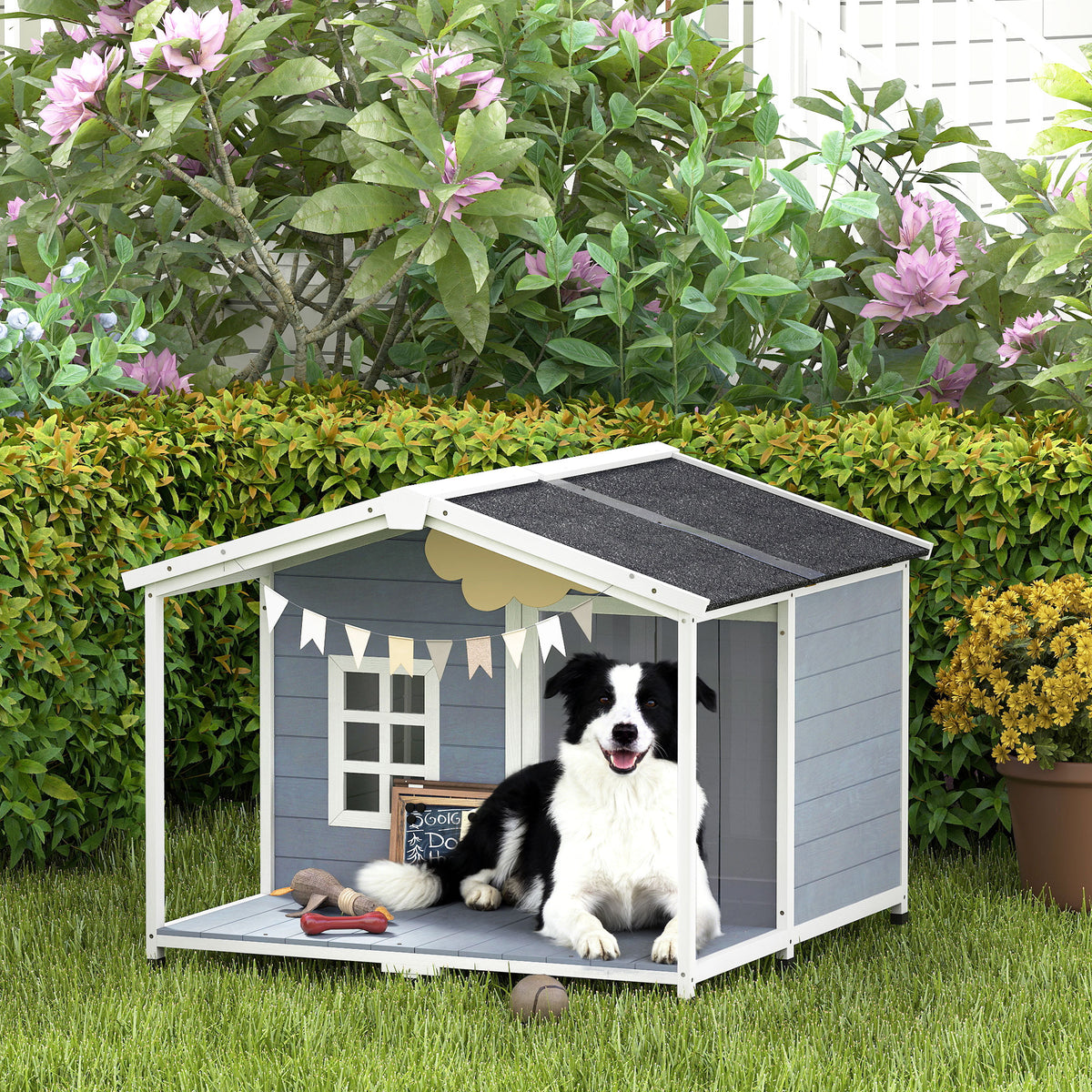 Weatherproof elevated wooden dog house with asphalt roof, terrace, for medium-sized dogs 103x107x83.5cm gray (2)