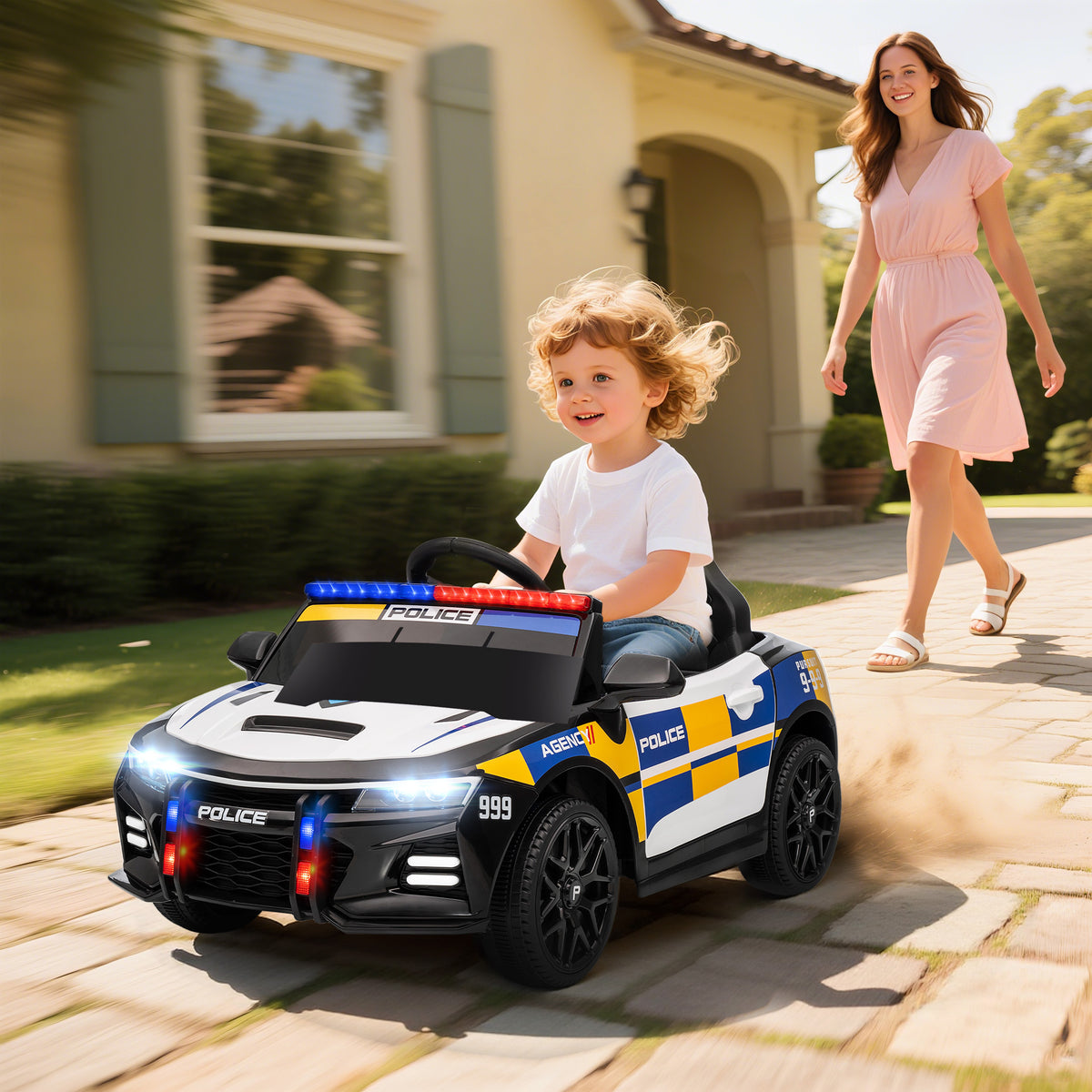 12V Kinder Elektroauto Polizei Polizeiauto mit Fernbedienung Sirene Warnlicht Musik & Hupe Doppelmotoren – Produktabbildung 2