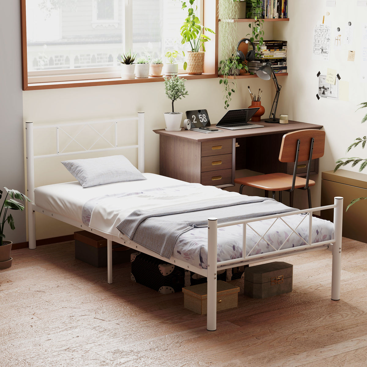 HOMCOM Einzelbettgestell mit hohem Kopfteil, Leichte Montage, Stauraum unter dem Bett, Stahl, Weiß – Produktabbildung 2