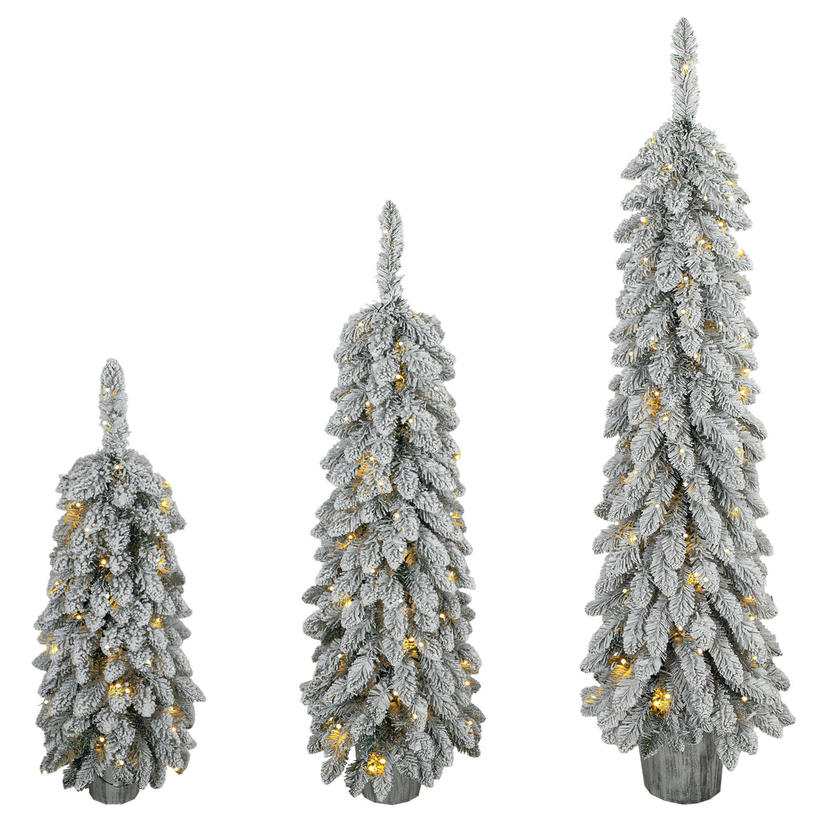 Set of 3 flocked artificial Christmas trees, pre-lit with PVC branch tips and warm white LED lights