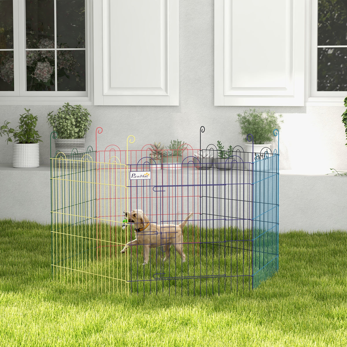 PawHut Freilaufgehege, Welpenauslauf, modulares Design, verriegelbar, Metall, Ø120x60H cm, Bunt – Produktabbildung 2