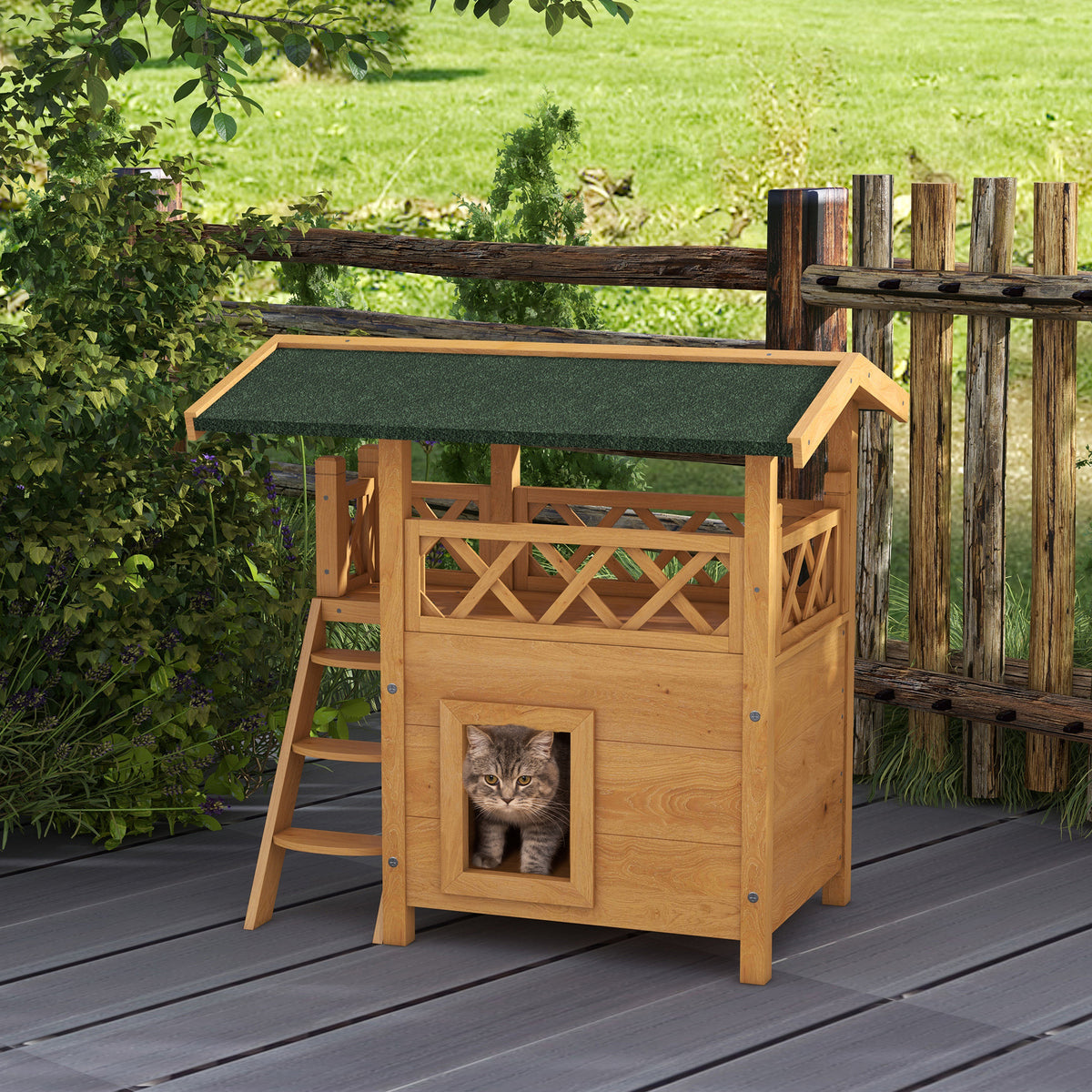 Cat house, pet hut, asphalt roof, 2 levels, 1 ladder, natural + green (2)