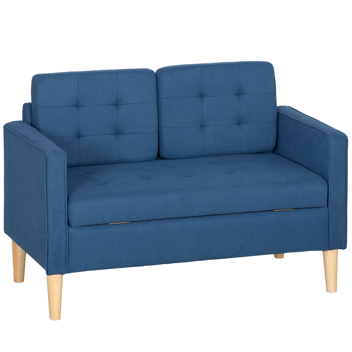 HOMCOM Zweisitzer-Sofa mit Stauraum, Knopfheftung, Kissen, Kautschukbaumholz, 117x62x78cm, Blau