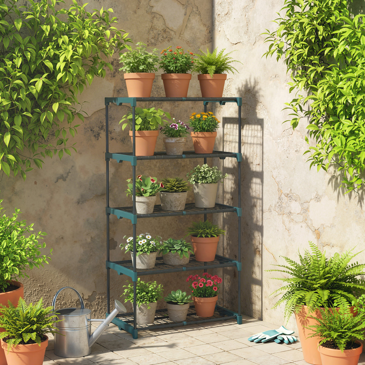 Outsunny 5-Etagen Pflanzenständer, 138 cm hoch Blumenständer für Innen Außen, Pflanzenregal aus Stahl – Produktabbildung 2