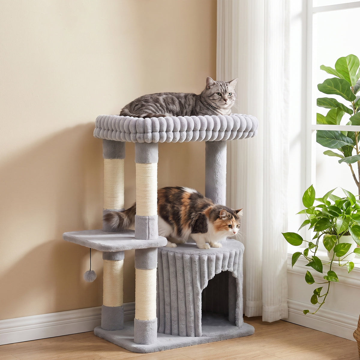 PawHut Katzenbaum, 93 cm 3 stufiger Kratzbaum mit Sisal-Kratzstämmen, Kuschelhöhle, großer Liegefläche – Produktabbildung 2
