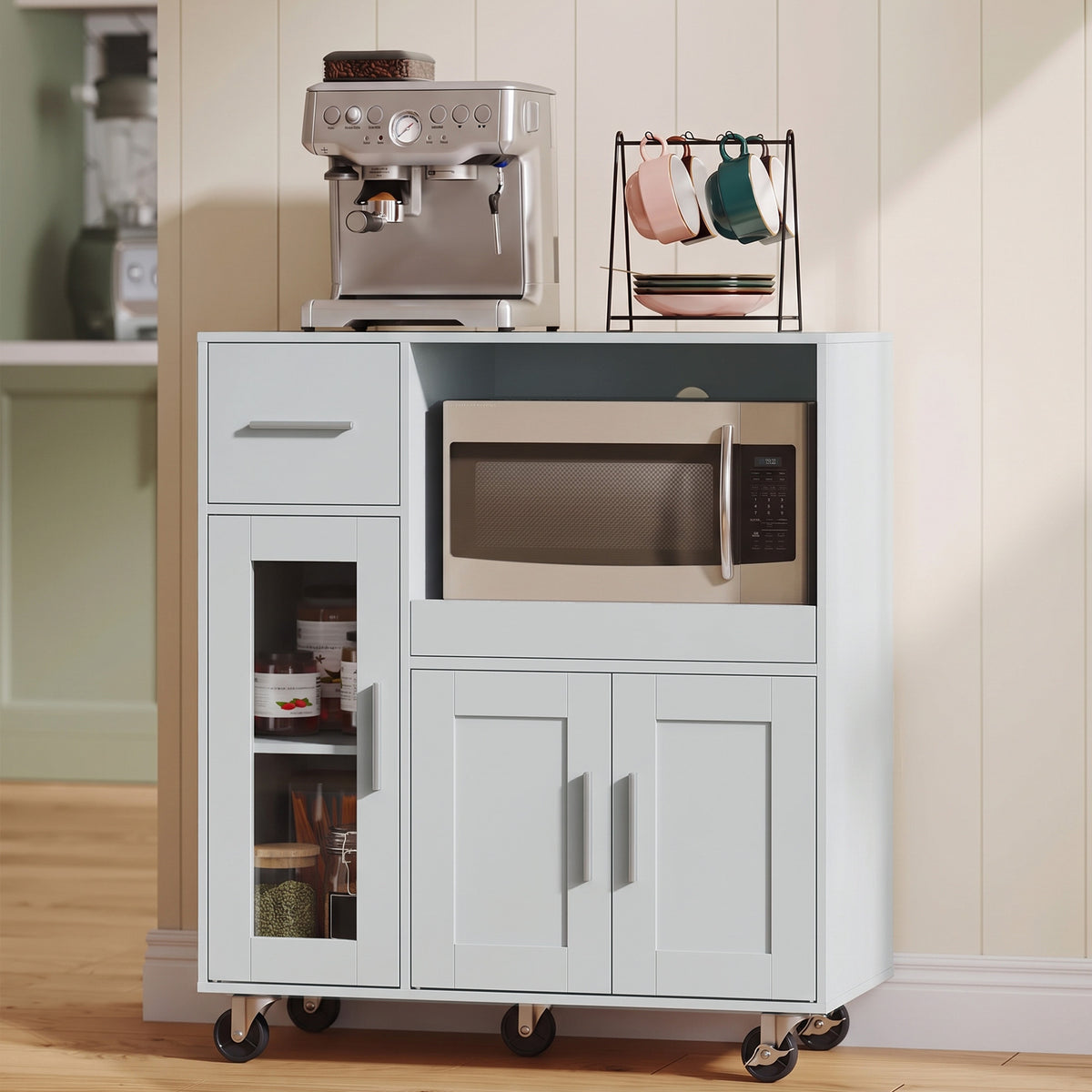 HOMCOM Küchenschrank auf Rädern, Mobile Küchenkommode mit Ablagen, Schubladen, verstellbarem Regal – Produktabbildung 10