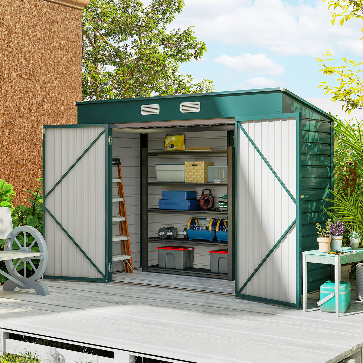Tool shed, metal garden shed with pent roof, 249 x 121 x 166/183 cm, easy assembly, with double doors, green (2)