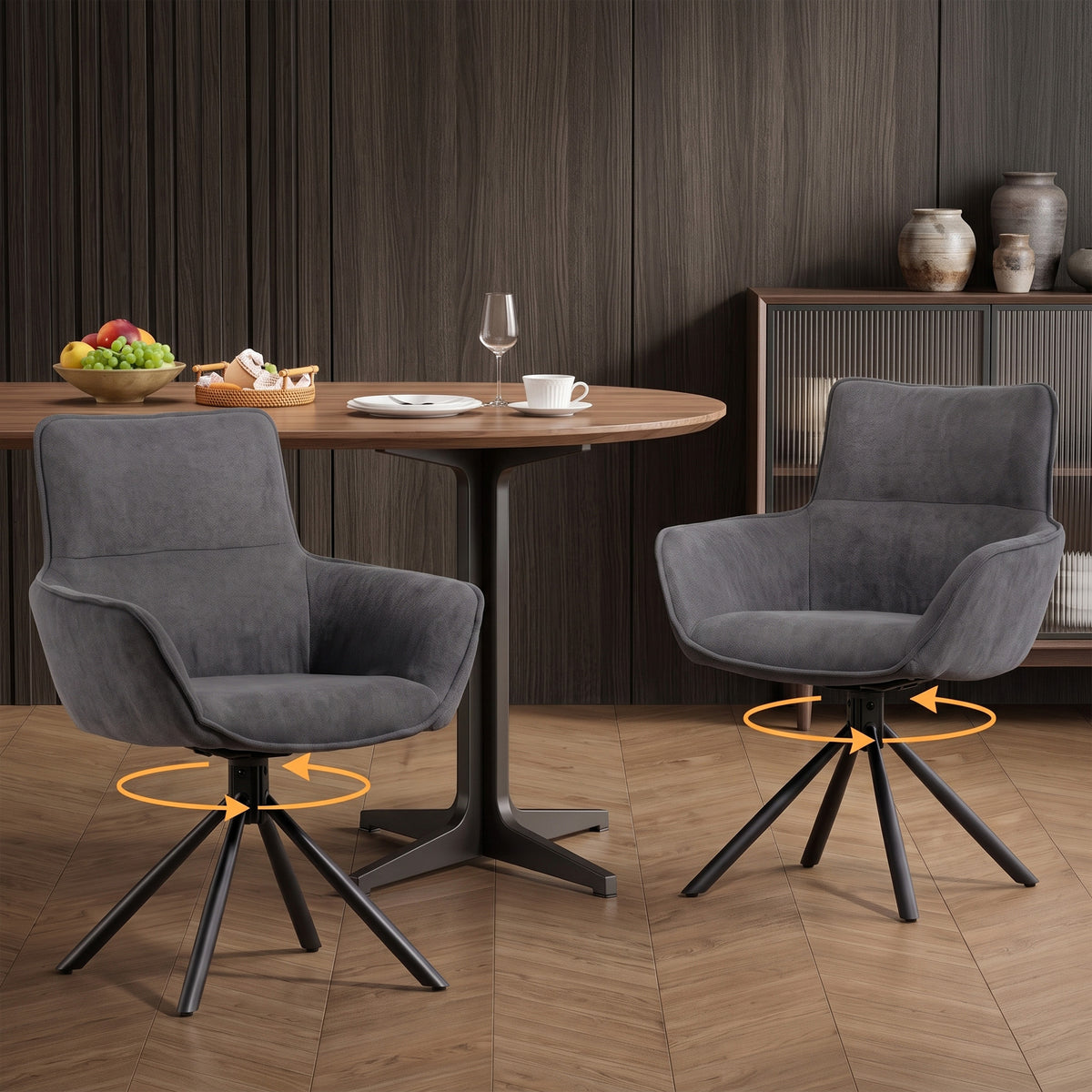 HOMCOM 2er-Set Esszimmerstühle, drehbar, weich gepolstert, Armlehnen, Metallbeine, Dunkelgrau – Produktabbildung 2