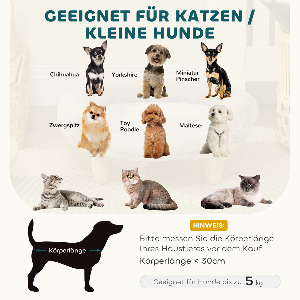 PawHut Haustierbett für Katzen und Hunde bis 5kg/30cm, waschbarer Plüschbezug, Cremeweiß, 47 x 40 x 20 – Produktabbildung 4