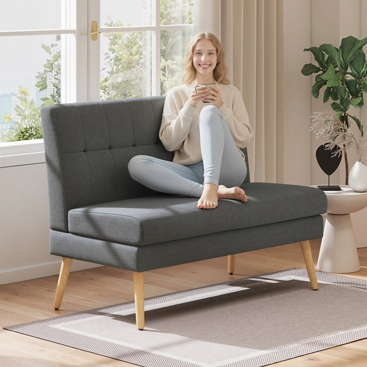 HOMCOM 2-Sitzer-Sofa, getuftete Rückenlehne, Holzbeine, dicke Polsterung, Leinenoptik, für kleine Räume – Produktabbildung 2